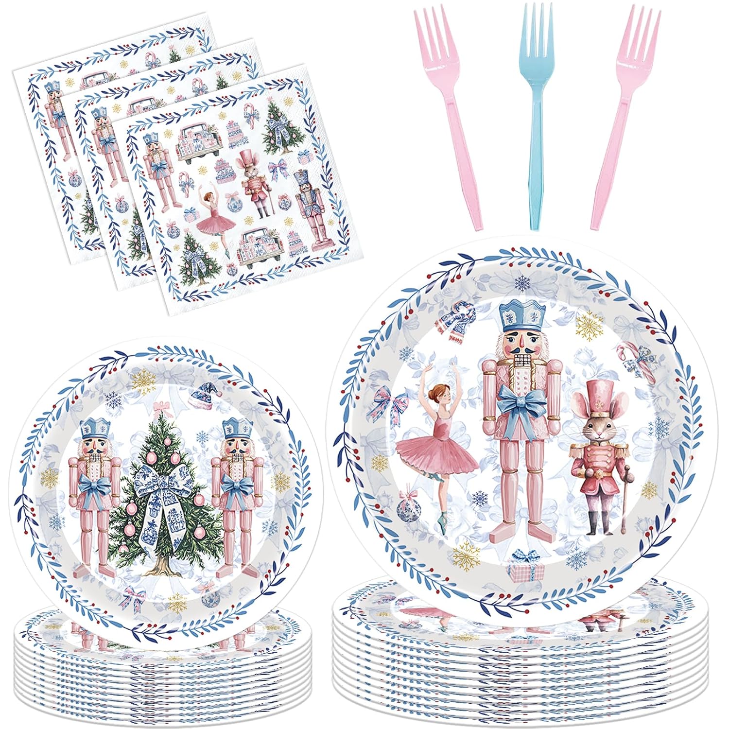 Nutcracker Christmas Plates Decor - 96 Pcs Pink Blue Nutcrackers Xmas Party Decorations Disposable Dessert Paper Plate Napkins Forks Tableware Supplies For Winter Holiday Serves 24 Guests