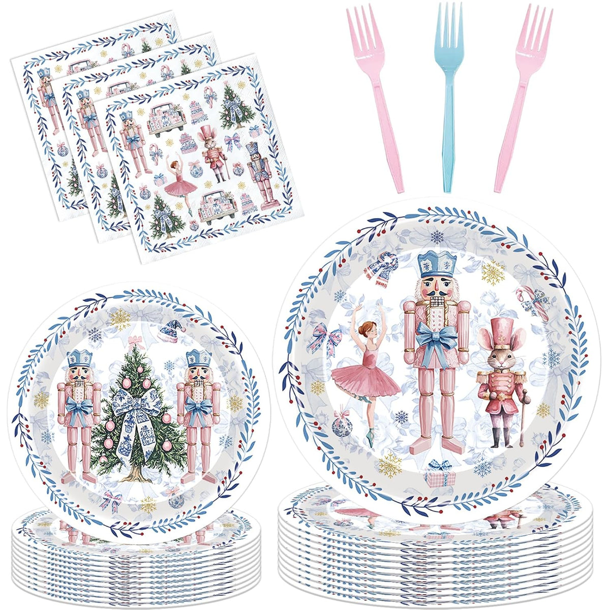 Nutcracker Christmas Plates Decor - 96 Pcs Pink Blue Nutcrackers Xmas Party Decorations Disposable Dessert Paper Plate Napkins Forks Tableware Supplies For Winter Holiday Serves 24 Guests