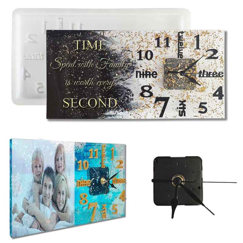 Diy Clock Molds Large Clock Resin Molds,3D Arabic And English Numers Personalization Clock Silicone Casting Epoxy Resin Photo Display Stand For Home Decor,1 Black Movement + 1 Silicone Molds Include