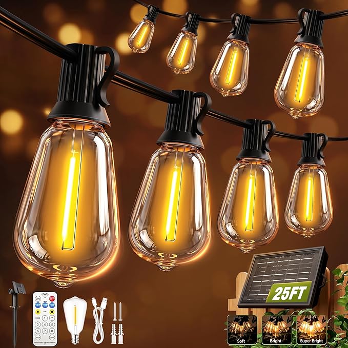 25FT Solar ST38 String Lights Waterproof USB Solar Powered Patio Lights with Remote Timer