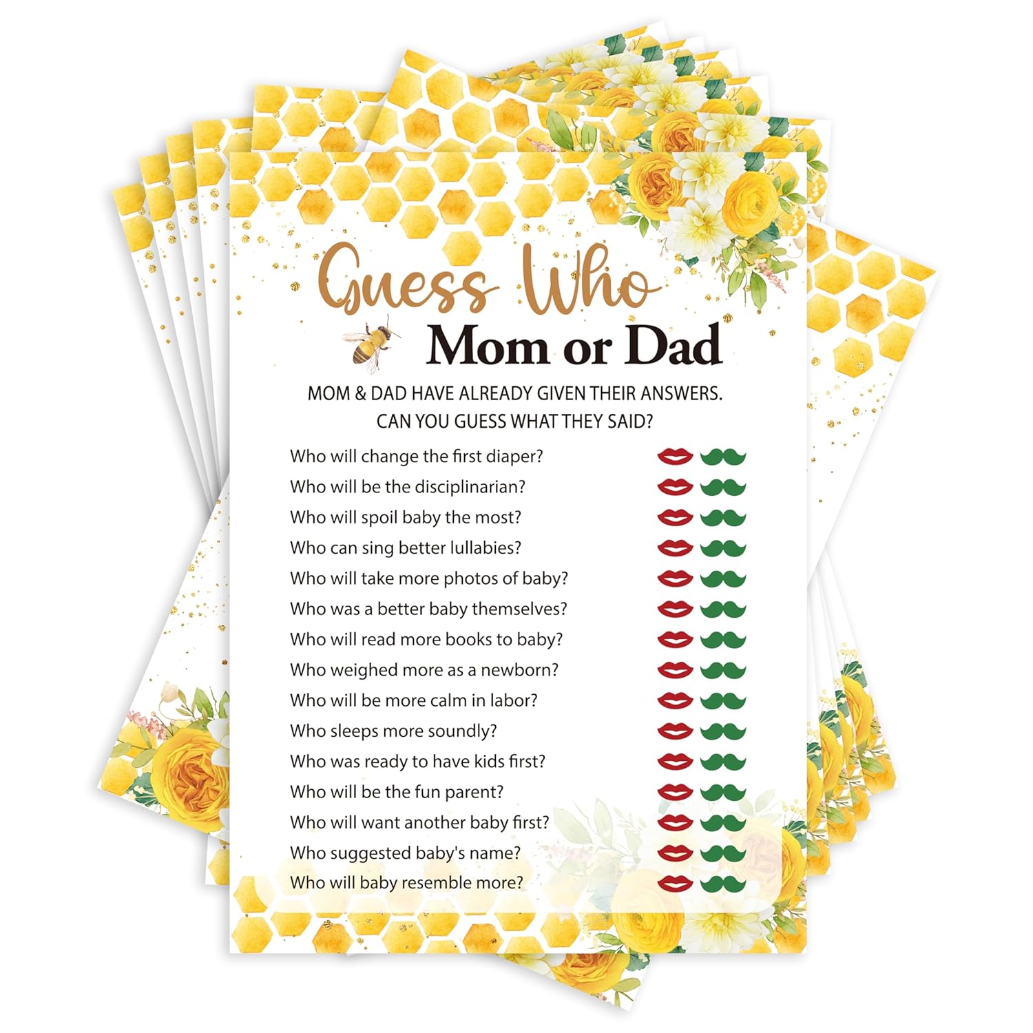 Baby Shower Games For Boys Girls, Guess Who Mom Or Dad Games, Honey Bee Bear Gender Reveal Game, 25 Cards, 03