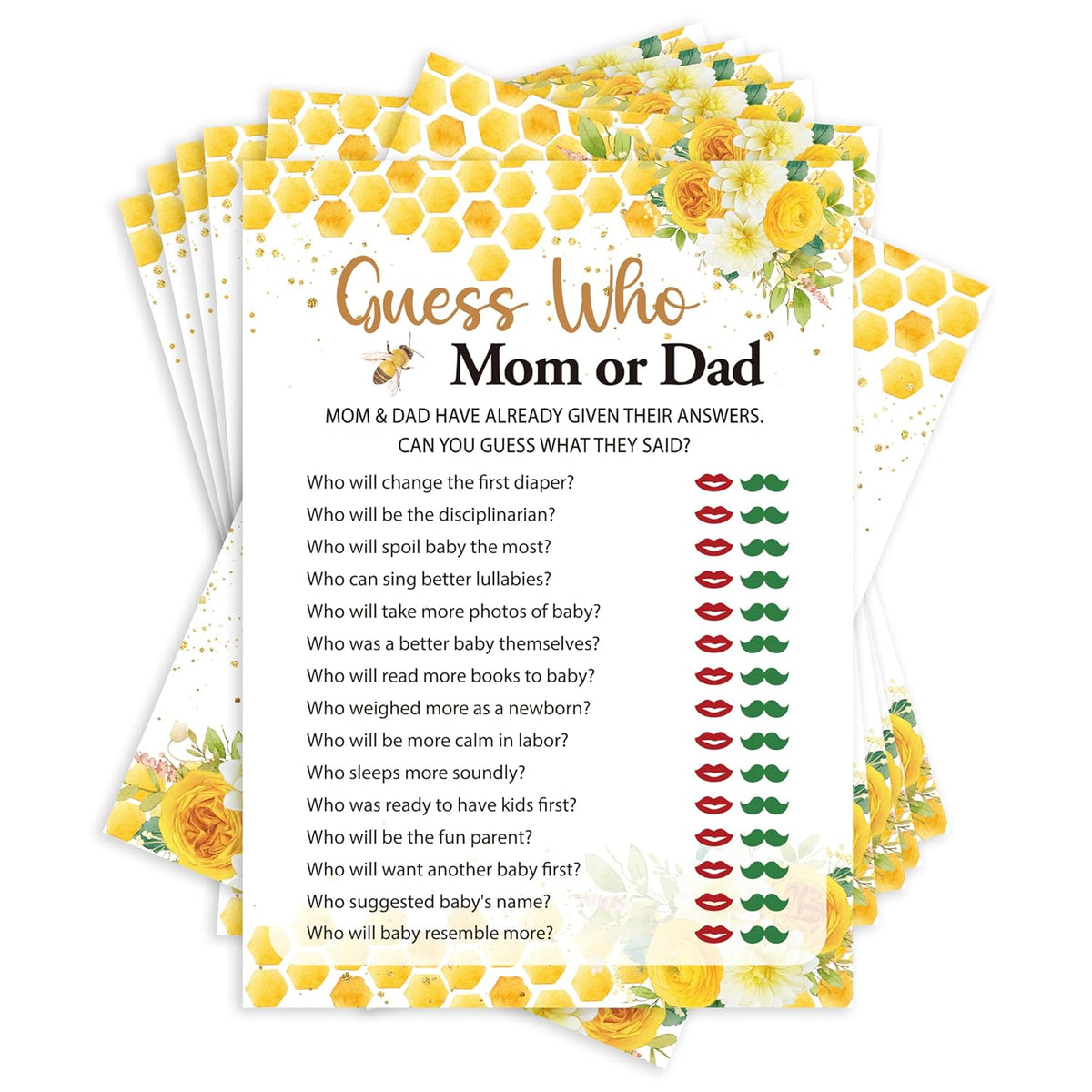 Baby Shower Games For Boys Girls, Guess Who Mom Or Dad Games, Honey Bee Bear Gender Reveal Game, 25 Cards, 03