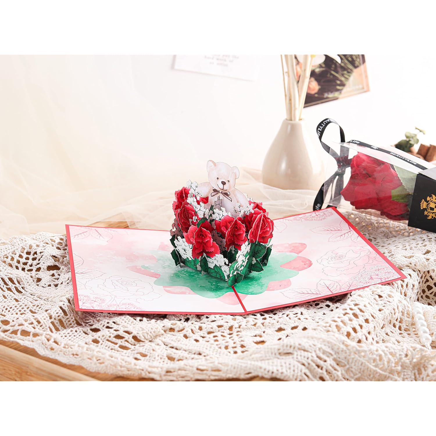 Rose Teddy Bear Valentines Day 3D Greeting Pop Up Card, Happy Valentines Day Card For Wife, Girlfriend, Her, Mother, Mom, Women, Romantic, Anniversary Card, Engagement,With Envelop,Size 7X5 Inch