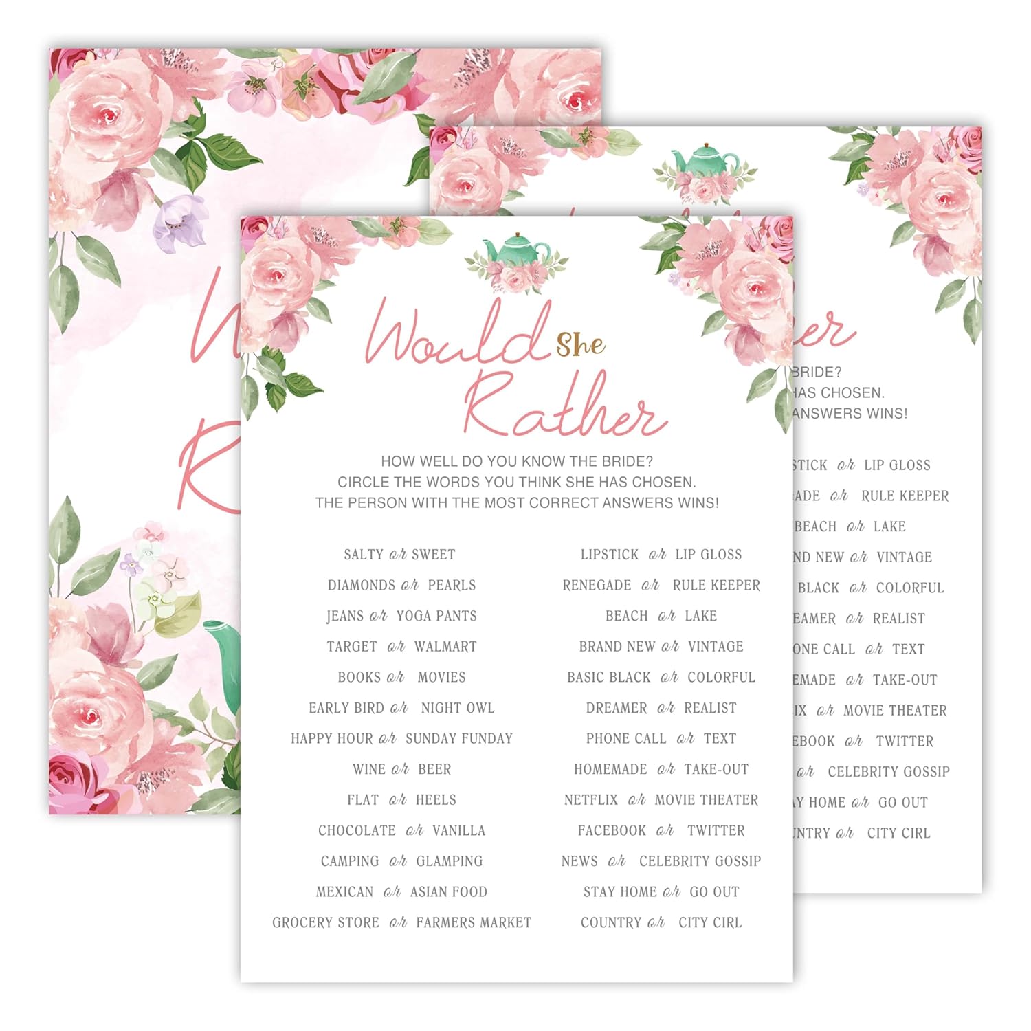 Bridal Shower Games, Blush Pink Floral Wedding Party Games, Would She Rather - Bachelorette Party Games, Engagement Party Game Ideas, Tea Party Decor Supplies Favors, (25 Cards) -05