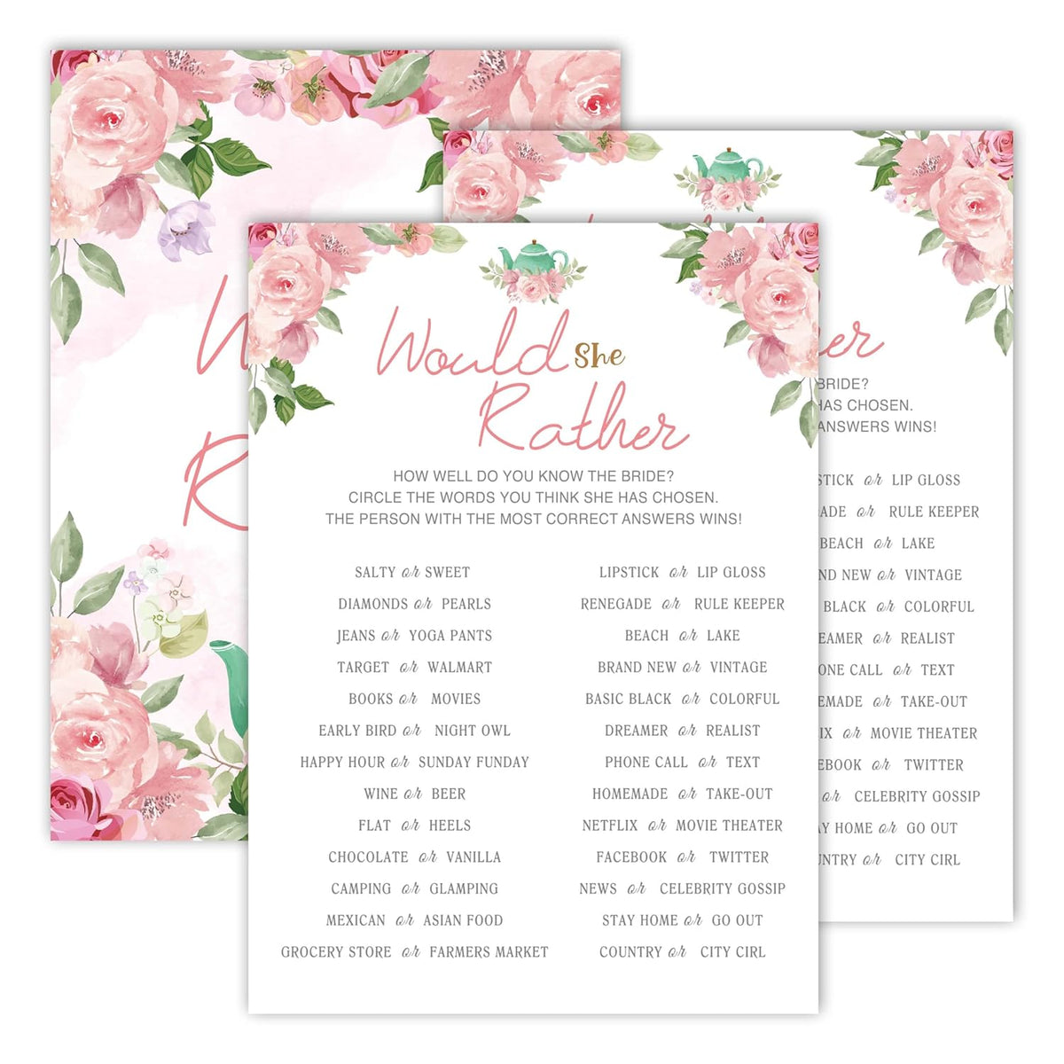 Bridal Shower Games, Blush Pink Floral Wedding Party Games, Would She Rather - Bachelorette Party Games, Engagement Party Game Ideas, Tea Party Decor Supplies Favors, (25 Cards) -05