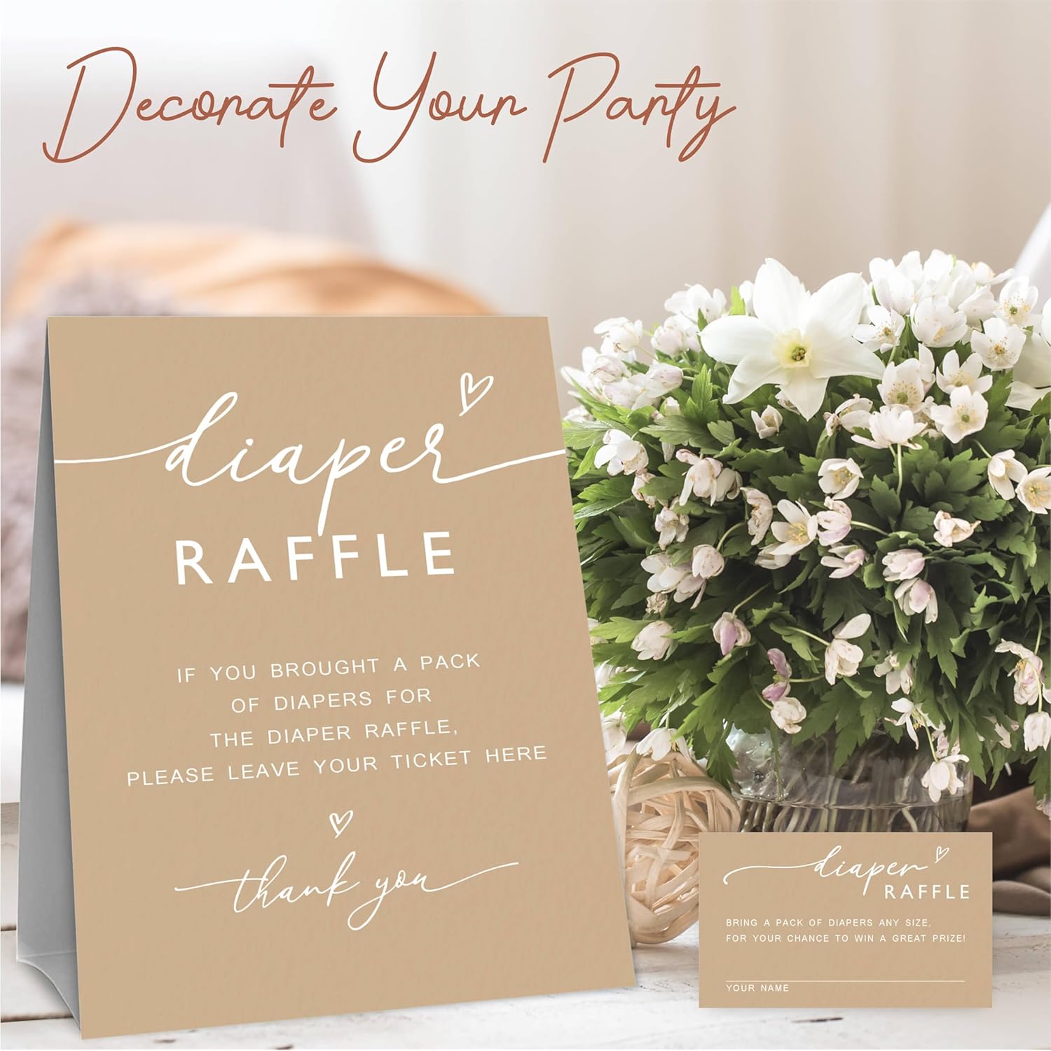 Minimalism Brown Diaper Raffle Game Kit For Baby Shower - 1 Standing Sign & 50 Tickets, Decorations For Gender Reveal, Neutral Announcement, Party Favor & Supplies -A06
