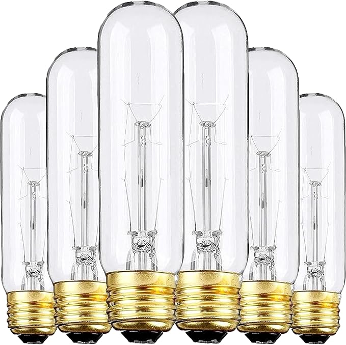 6 Pack T10 Tubular Incandescent Bulbs 25W E26 Base 120V Clear Dimmable Warm White Showcase Bulbs