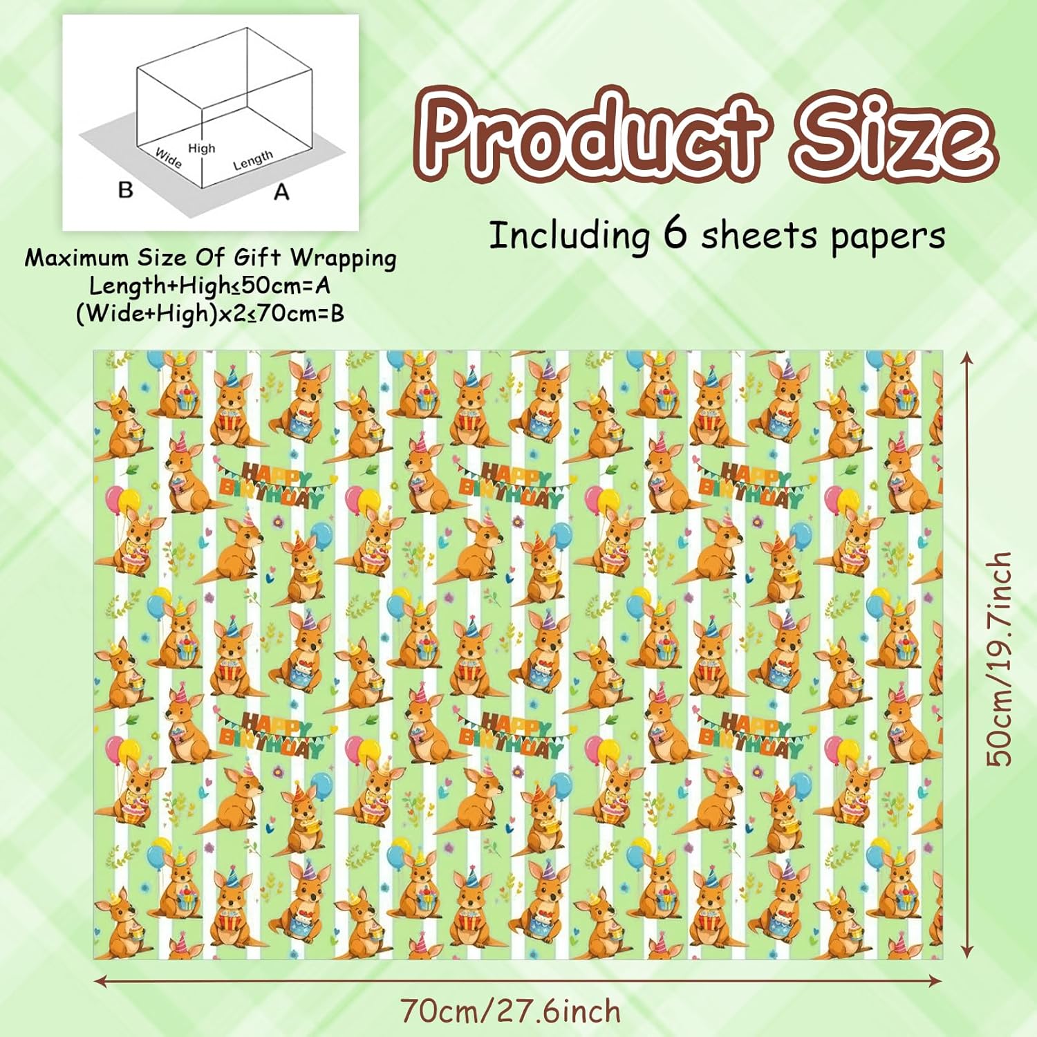 Cartoon Australian Kangaroo With Happy Birthday Cake And Balloon Gift Animal Wrapping Paper Set Of 6 Folded Flat 6 Sheets In 1 Design: 23 Sq. Ft. Ttl, Birthday Gift Wrap For Paties Newborn Boy Baby Shower Christening Baptism