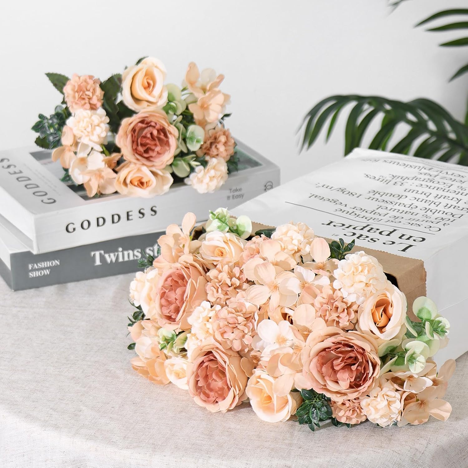 2 Packs Peonies Artificial Flowers Silk Champagne Artificial Peonies Bouquet Fake Flower Arrangements Mixed Roses Hydrangea With Stems For Centerpiece Table Wedding Bridal Bouquets Home Decor