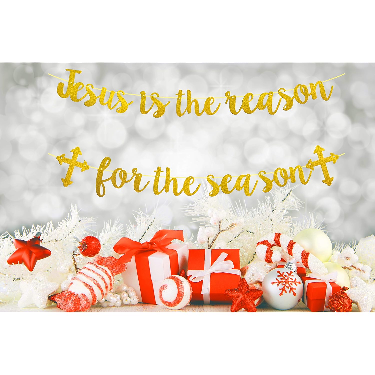 Jesus Is The Reason For The Season Banner, Gold Glittery Christmas Holiday Banner, Funny Christmas Decorations Banner, Christmas Vacation Decorations,Christmas Holiday Decorations Xmas Decorations