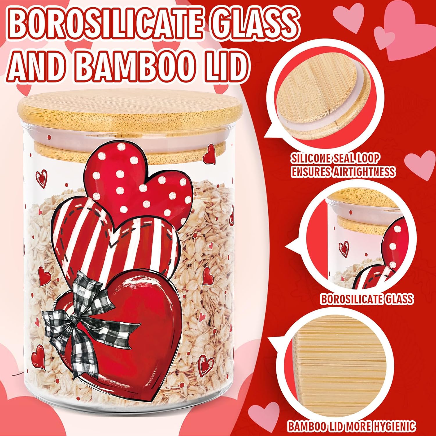 3Pcs Valentine' S Day Glass Storage Jars Red Stripe Polka Dot Heart Clear Canisters Set With Airtight Lid For Wedding Home Kitchen Countertop Decor