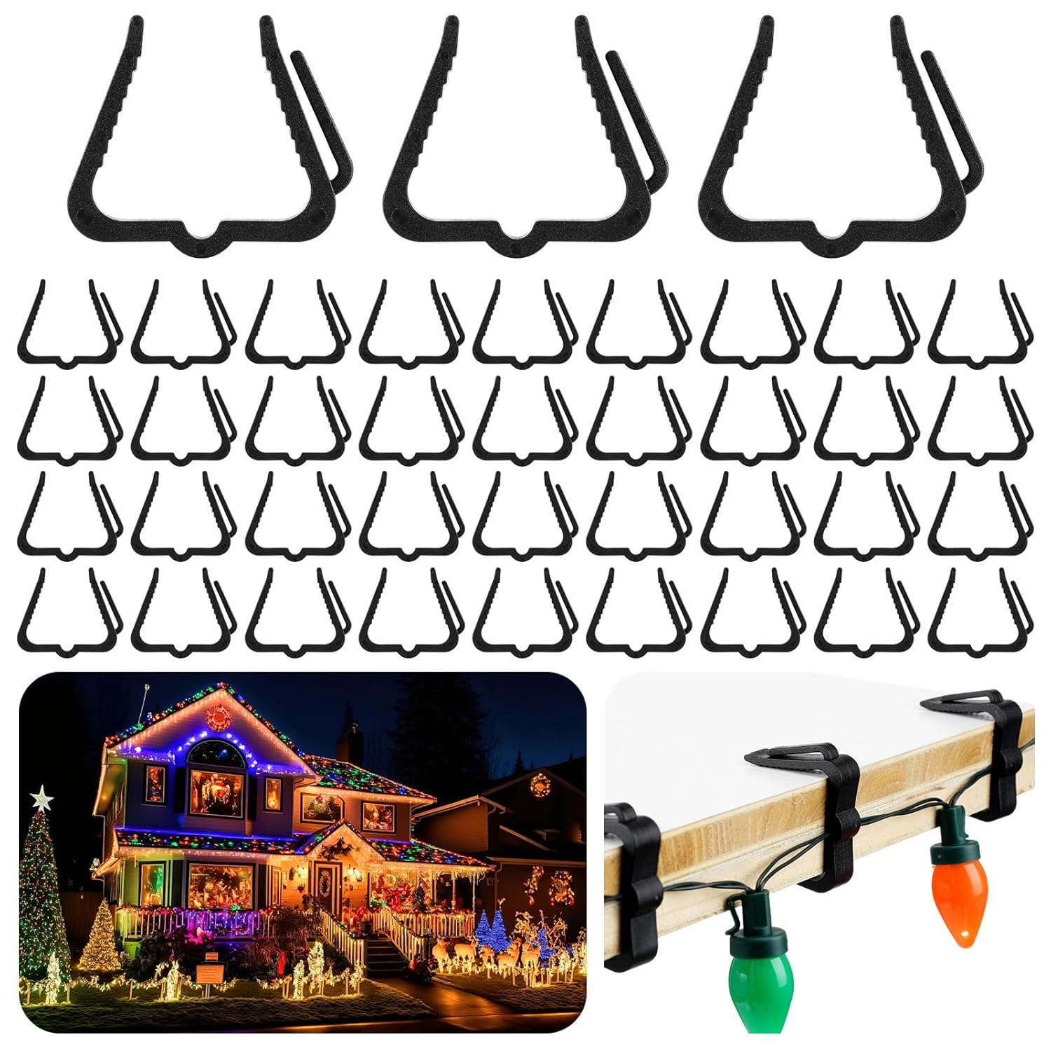 Christmas Light Clips For Outside String Lights 1 5/8 Inch Fascia Boards Clips Plastic Christmas Bulb Gutter Hooks For Roof Fence Outside Xmas Holiday, Black (100)