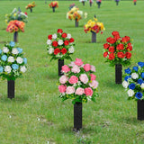 Artificial Cemetery Flowers, Set Of 2 Grave Memorial Flowers With Vase, Artificial Rose Bouquet For Cemetery Headstones Gravesites Decoration (Pink)