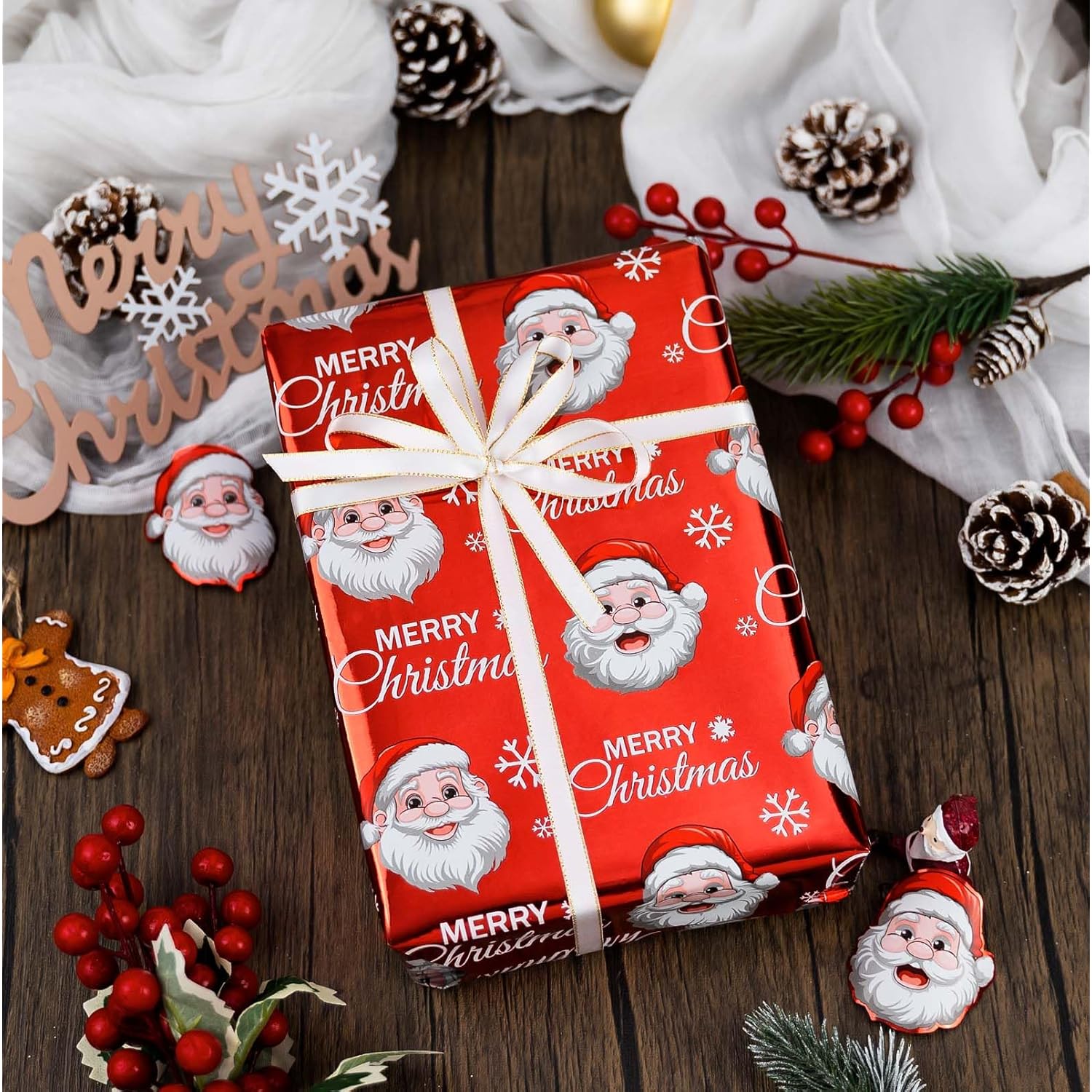 Christmas Wrapping Paper Roll - 17 Inches X 32.8 Feet Red White Metallic Foil Shine Cute Present Packing Paper - Santa Claus/Snowflakes/Merry Christmas Lettering Design