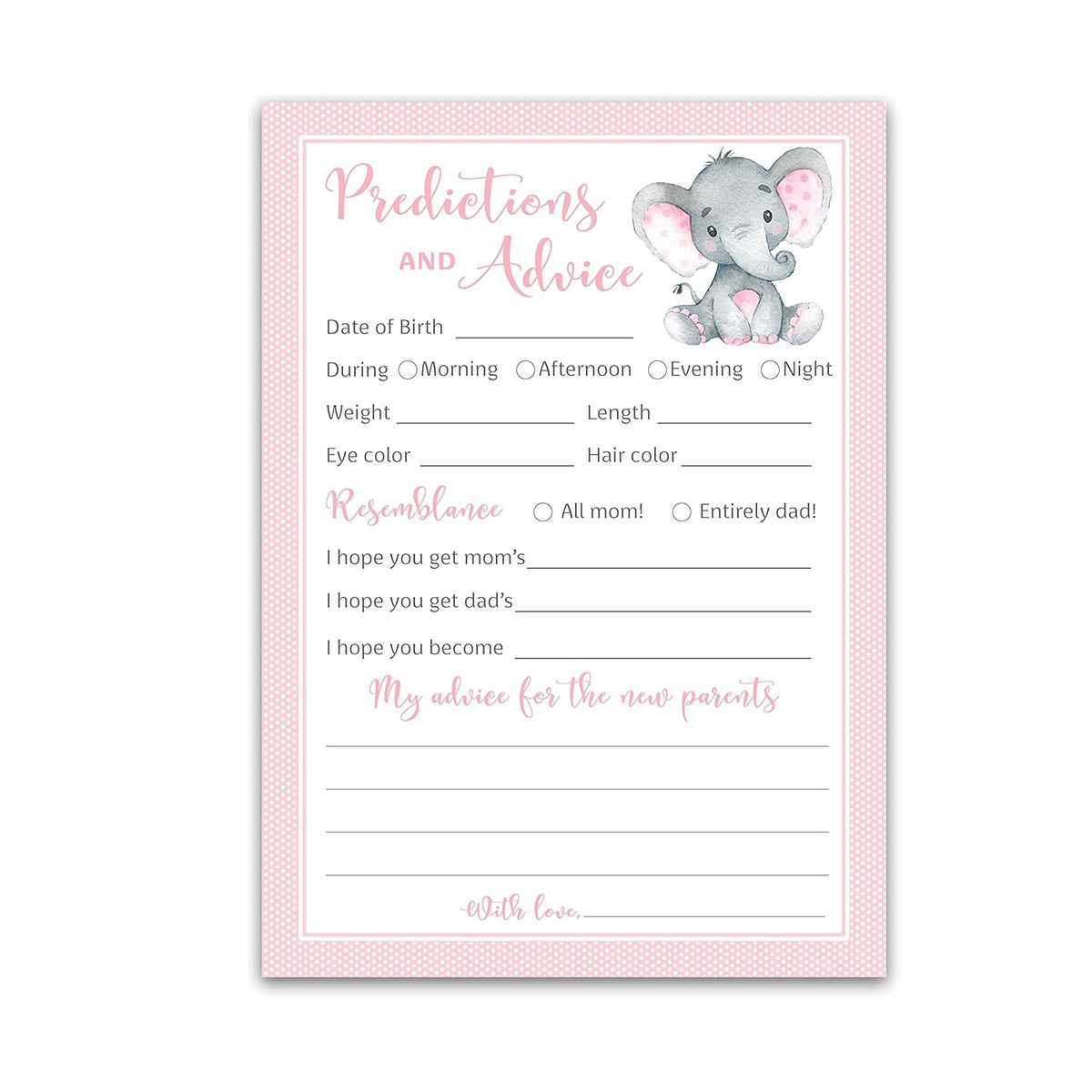 Pink Elephant Prediction And Advice Cards - Pack Of 25 - Girl Baby Shower Games, New Parents, Mom & Dad To Be Mommy & Daddy Message, Couples Coed Shower Activity Keepsake Book Pink Polka Dot G500-Pdav