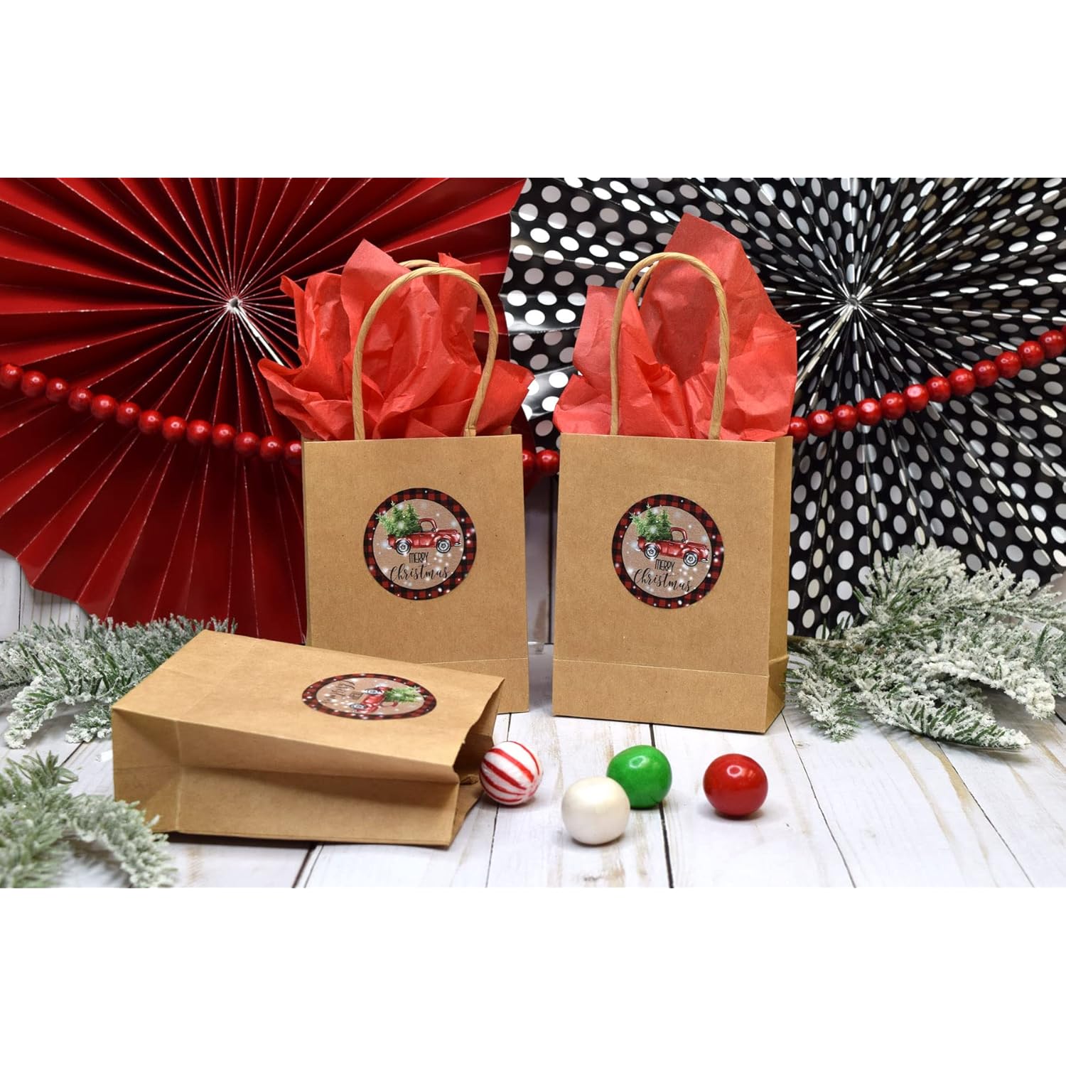 Watercolor Red Pickup Truck Snowy Christmas Thank You Sticker Labels, 40 2" Party Circle Stickers By Amandacreation, Great For Party Favors, Envelope Seals & Goodie Bags