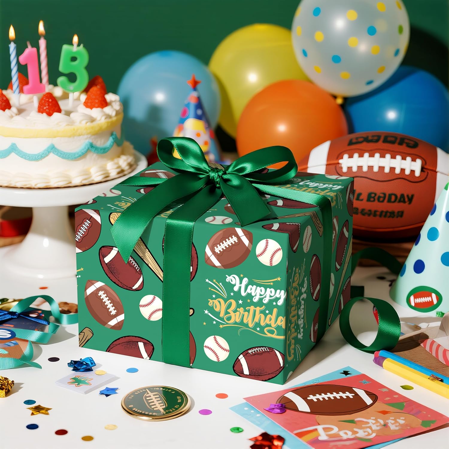 Sports Birthday Wrapping Paper Roll, Football & Baseball Gift Wrap With Happy Birthday Text In Green, Fun Sports Theme For Boys Kids Party Celebration, Mini Roll 17 Inches X 9.8 Feet