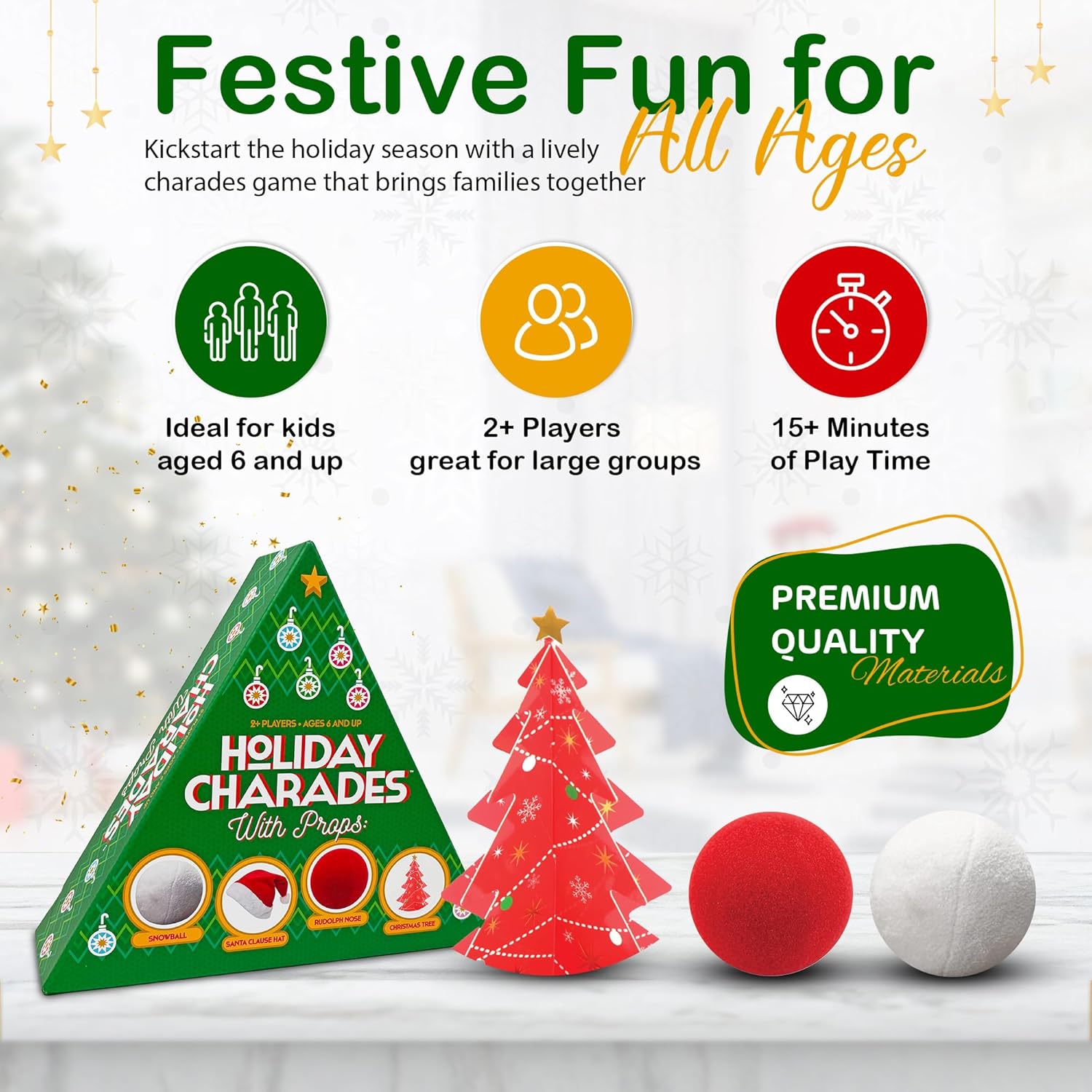 : Holiday Charades - Game With Props, Includes 60 Christmas Themed Prompt Cards, Family Christmas Party Game, Adults Kids 6+, 2+ Players