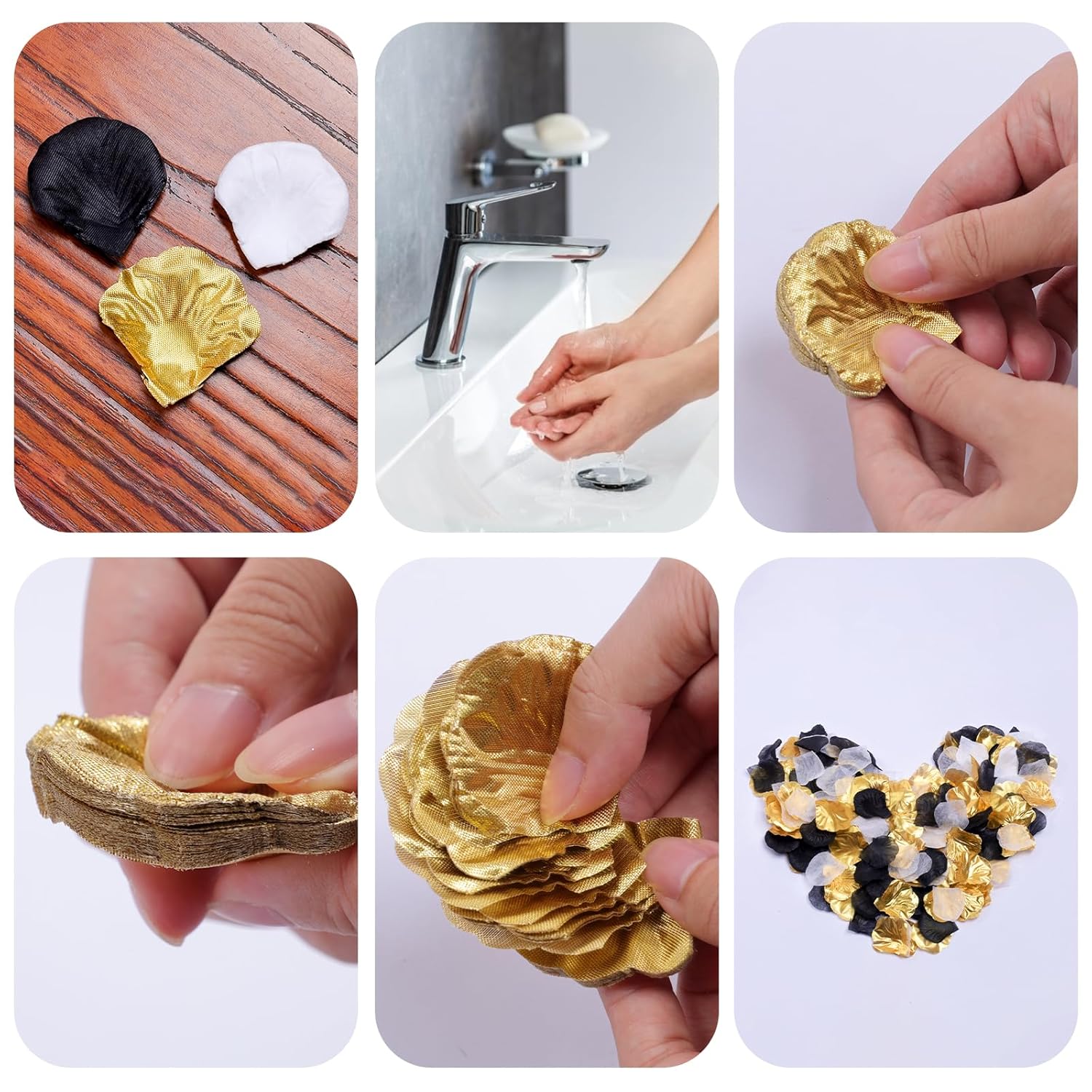 1800Pcs Bulk Artificial Rose Flower Petals For Wedding Black Gold White Petals Decoration Centerpieces For Valentines Day New Year Party Decor Supplies (Black White Gold)