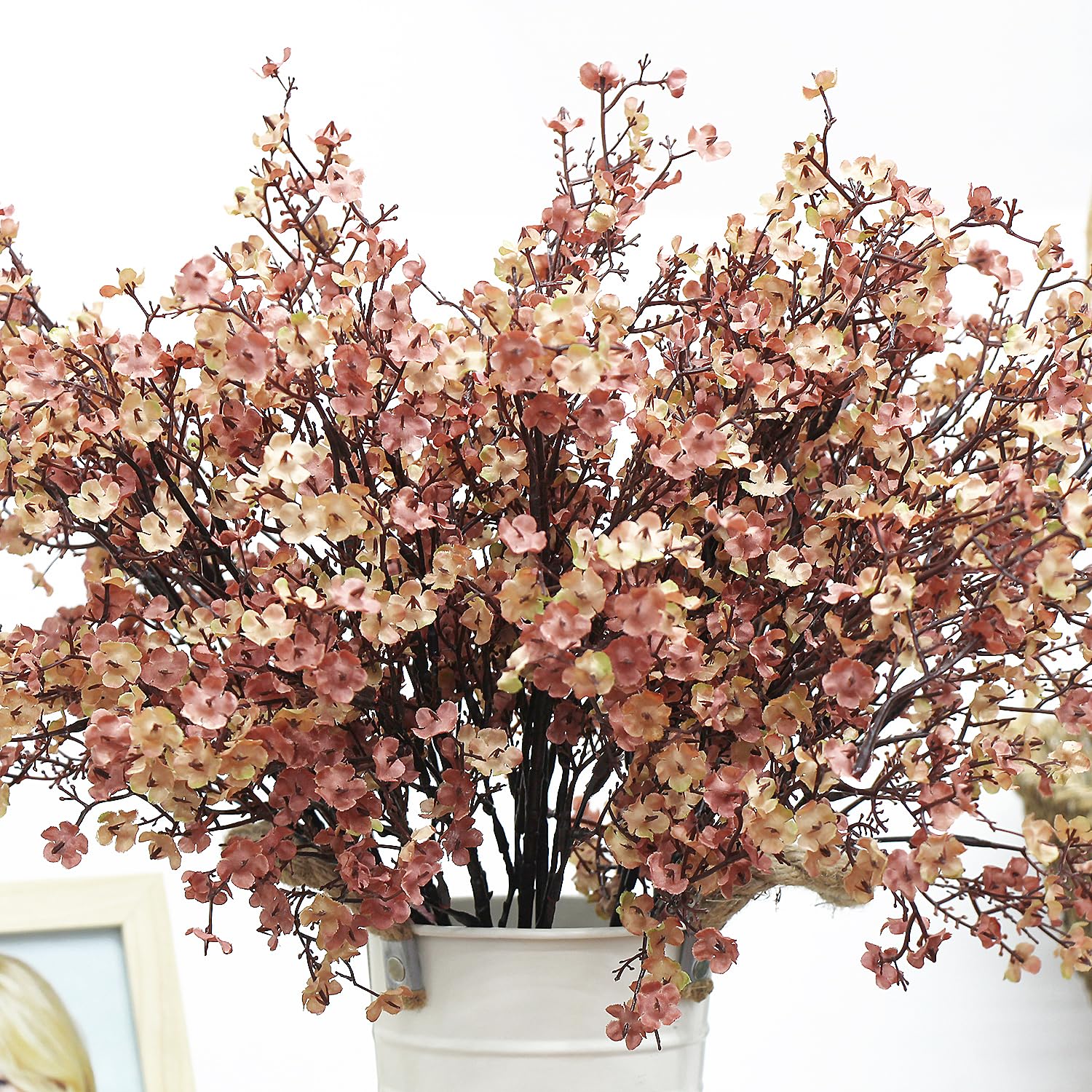 Babys Breath Silk Artificial Flowers Bulk With Vase 10Pcs For Fall Decor Fake Flower Bouquet Home Kitchen Indoor Bouquet Floral Arrangement Table Centerpieces Decor(Beige Brown Vase)