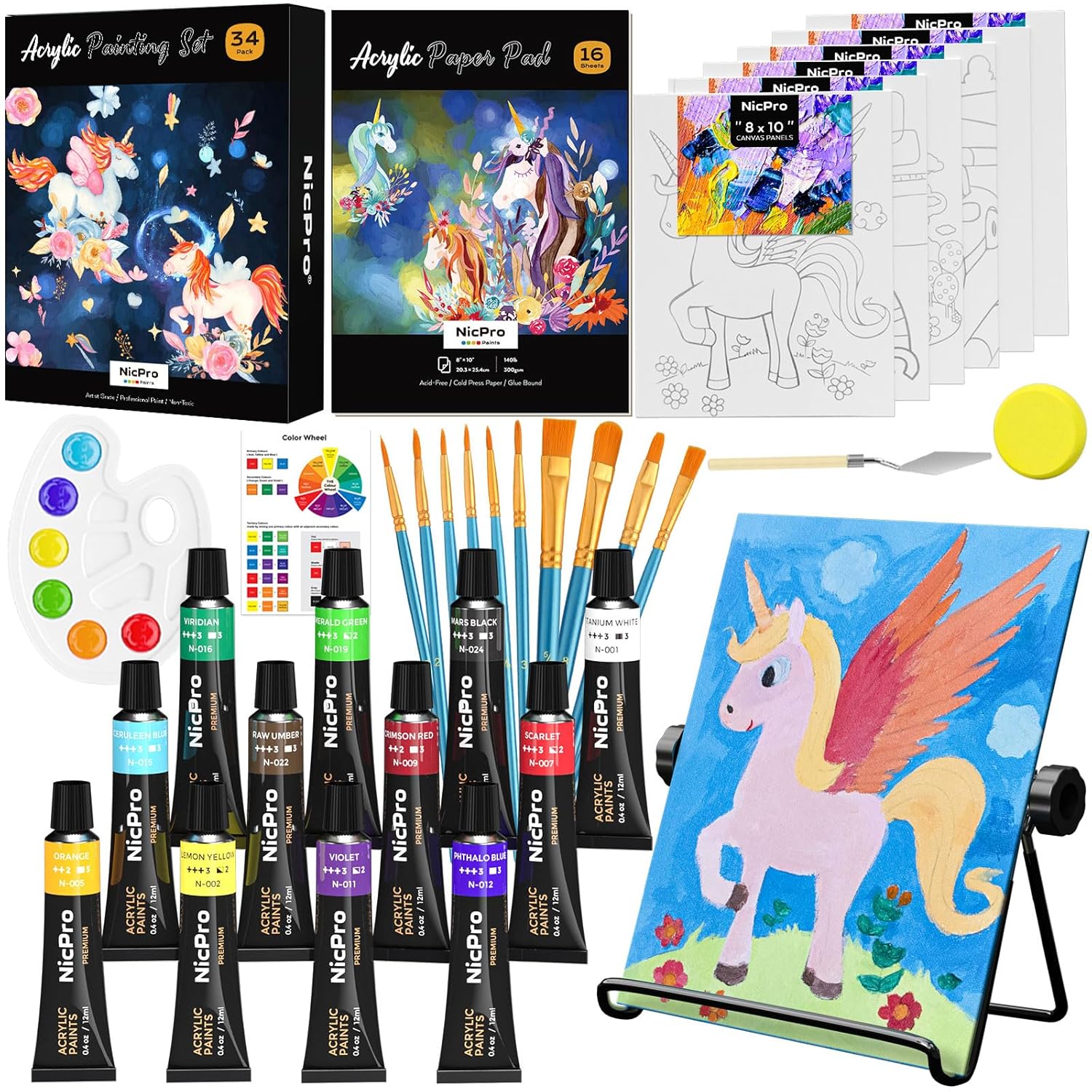 34Pcs Kids Painting Set With Pattern Canvas, Art Painting Supplies Kit With 12 Acrylic Paints,10 Brushes,6 Canvas Panels,Table Easel,Paper Pad,Color Wheel,Palette For Beginner Students
