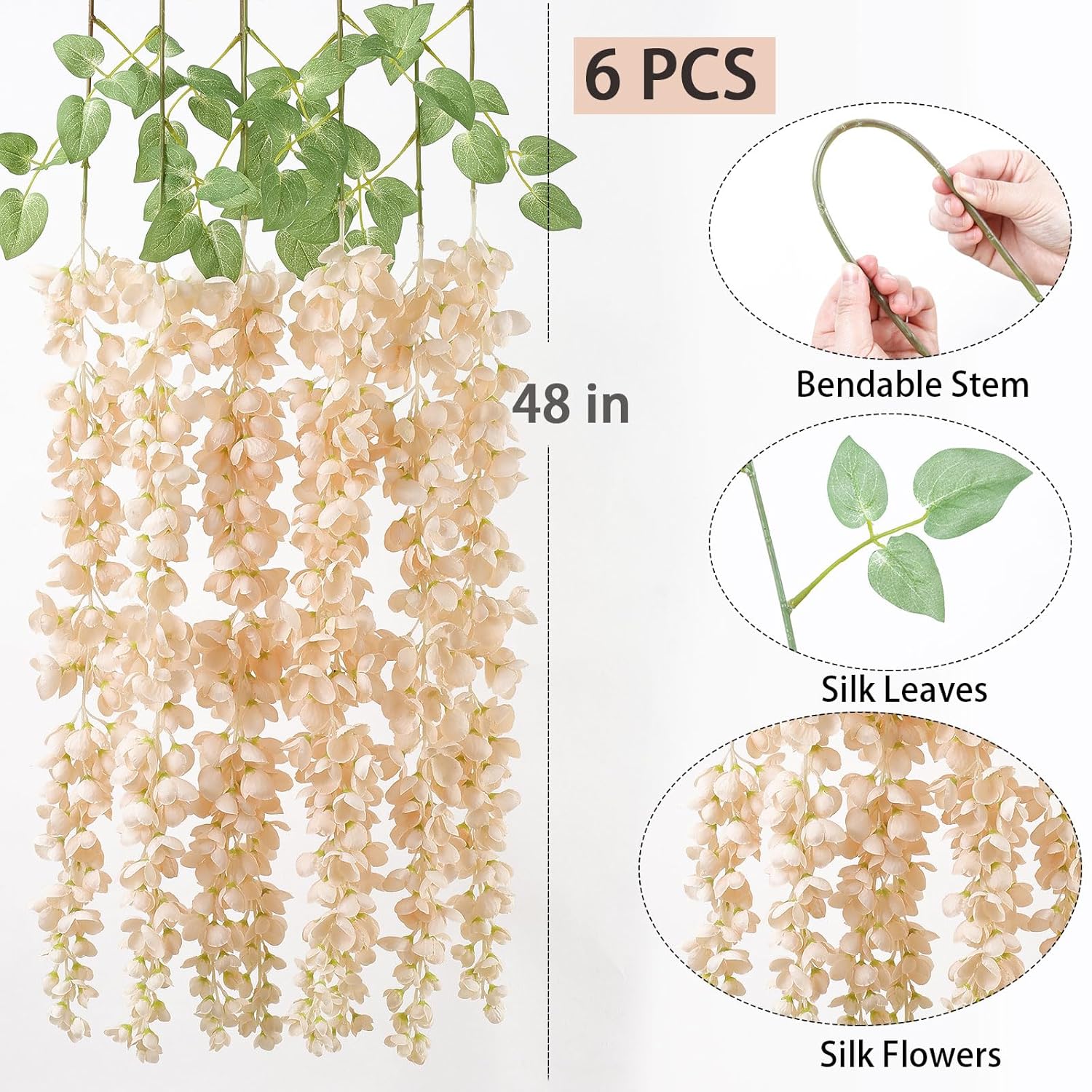 6Pcs Beige Wisteria Hanging Flowers 48" Silk Wisteria Artificial Flowers Garland Vines Fake Hanging Flowers Decoration For Wedding Flower Wall Backdrop Centerpieces Party Room Decor (Beige)