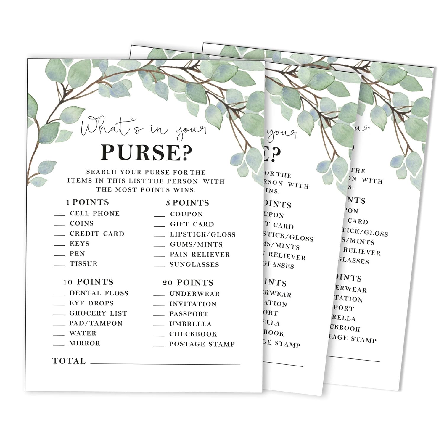 50-Pack Greenery Whats In Your Purse Bridal Shower Game Wedding Shower Bachelorette Party Bulk Activity Game Cards