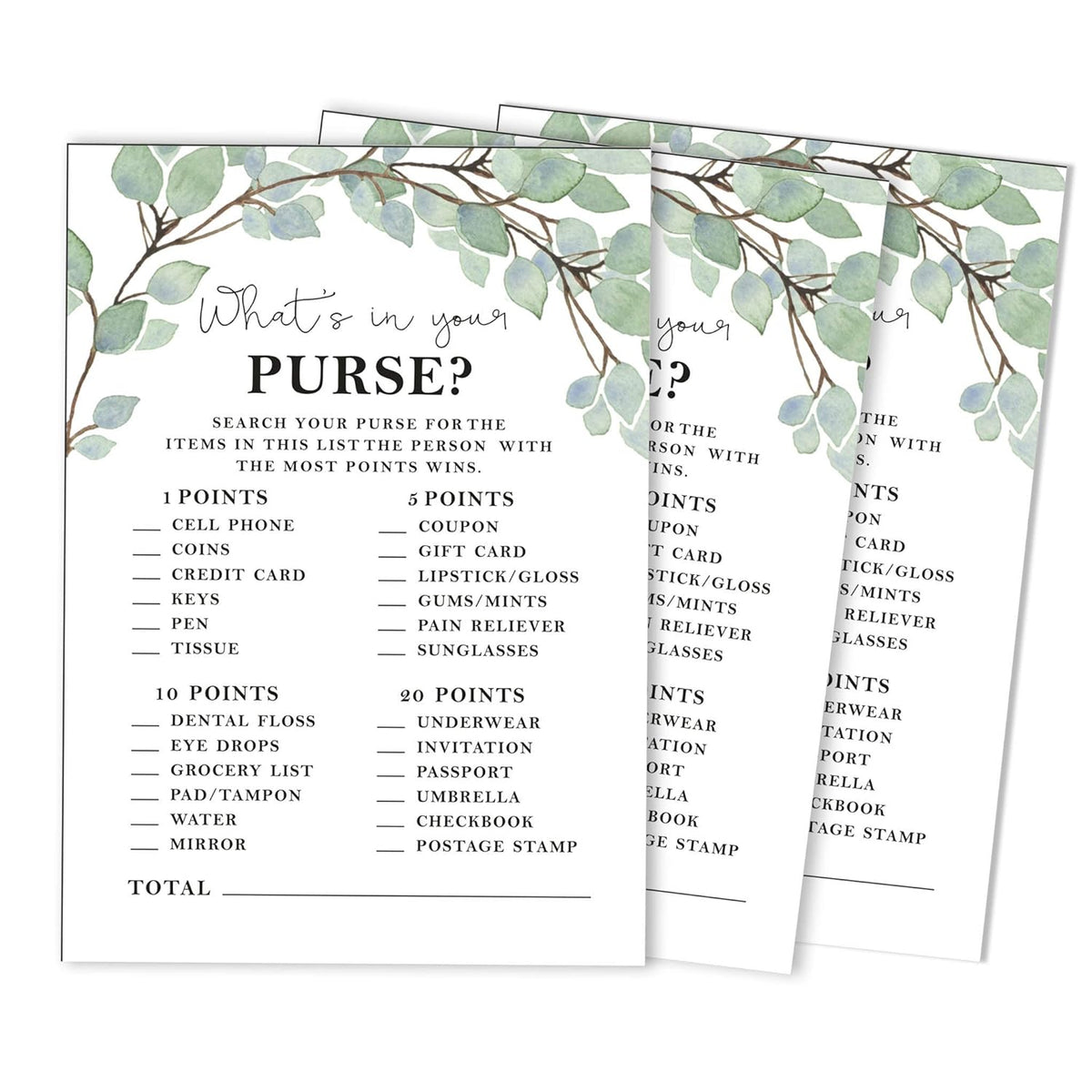 50-Pack Greenery Whats In Your Purse Bridal Shower Game Wedding Shower Bachelorette Party Bulk Activity Game Cards