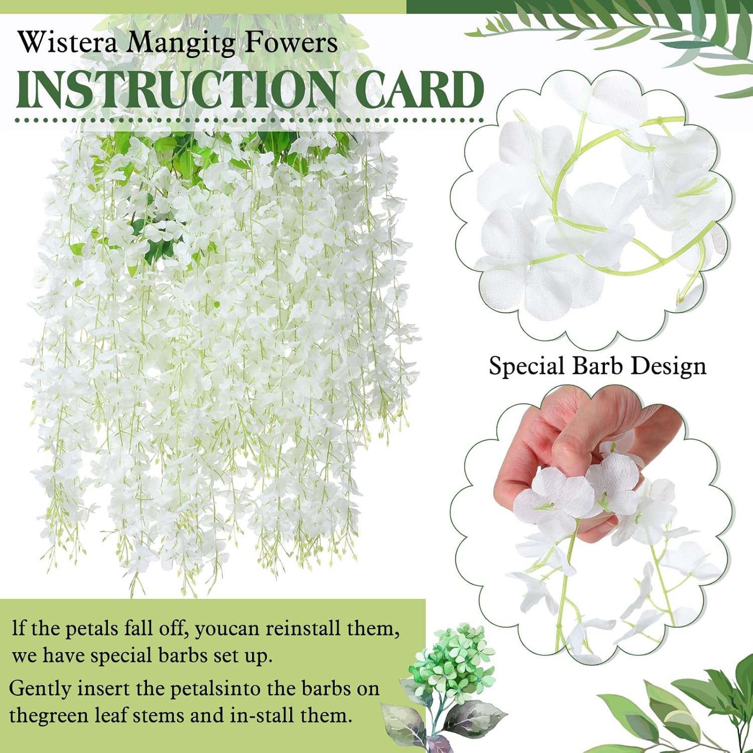 24 Pcs Wisteria Hanging Flowers 3.6 Feet Artificial Fake Wisteria Flower Vine Garland Ratta For Backdrop Wedding Decor Home Party(White)