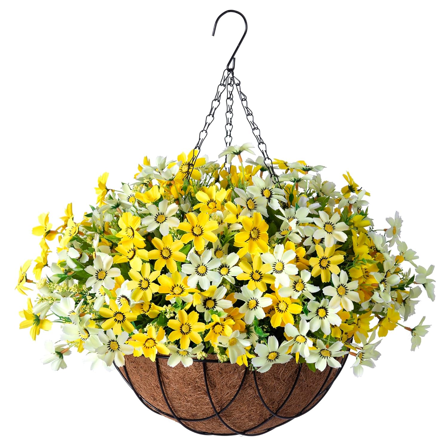 Artificial Silk Flowers Hanging Baskets Outdoors,Chrysanthemum With Eucalyptus Leaves Arrangement For Garden Yard Decor,Faux Plant In Metal Coconut Lining Flowerpot(Yellow)