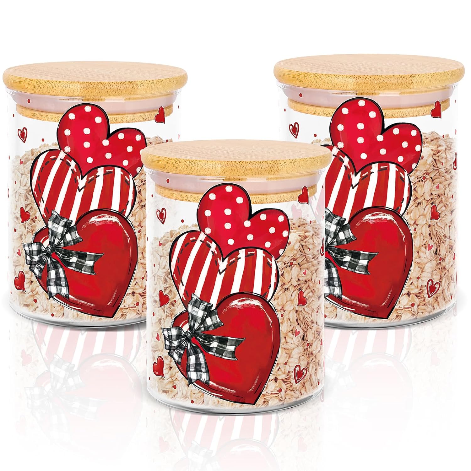 3Pcs Valentine' S Day Glass Storage Jars Red Stripe Polka Dot Heart Clear Canisters Set With Airtight Lid For Wedding Home Kitchen Countertop Decor