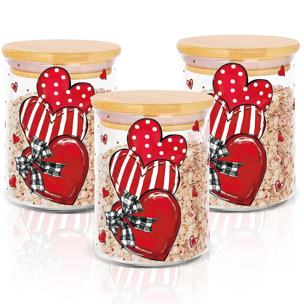 3Pcs Valentine' S Day Glass Storage Jars Red Stripe Polka Dot Heart Clear Canisters Set With Airtight Lid For Wedding Home Kitchen Countertop Decor
