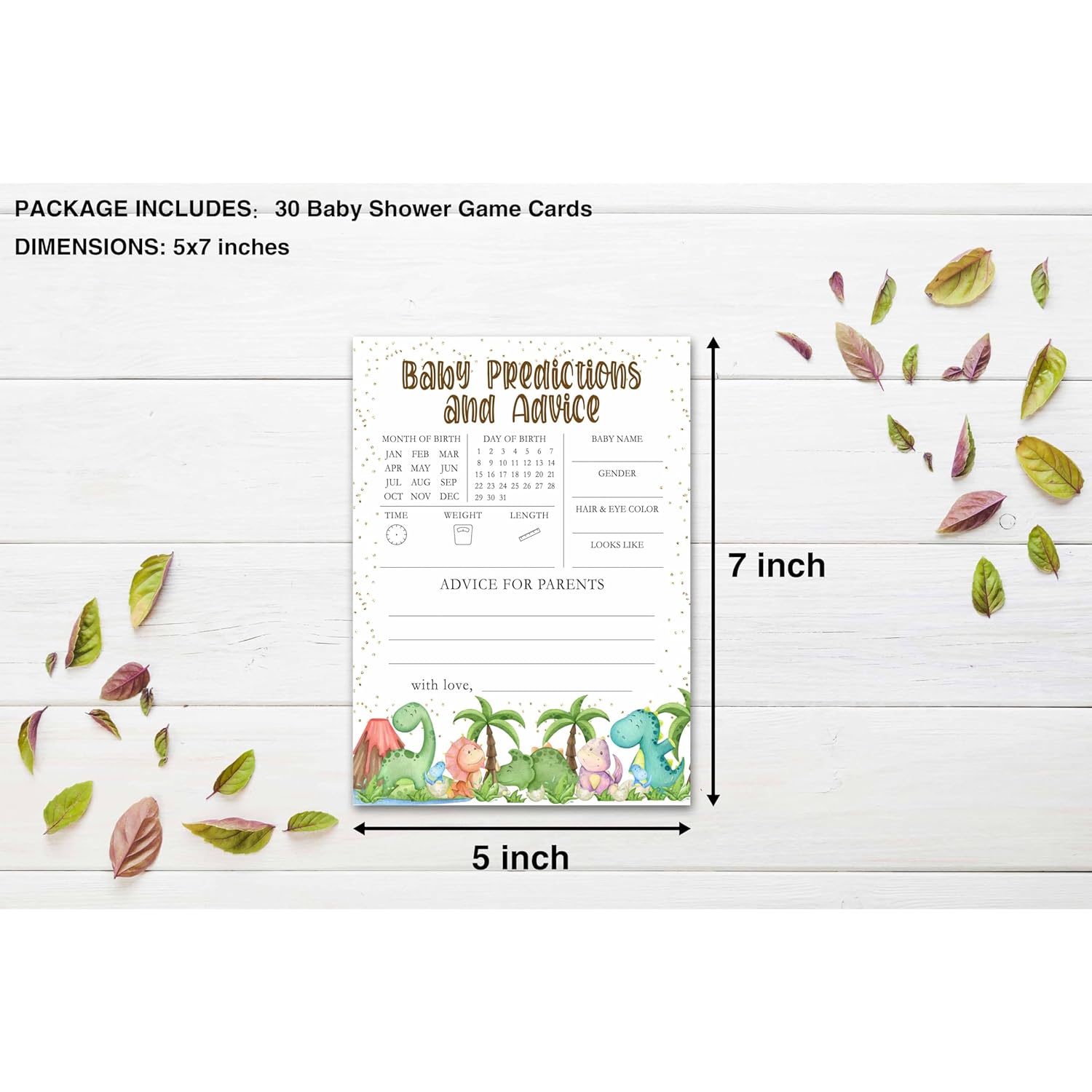 Baby Shower Games For Boys Girls - Dinosaur Predictions And Advice Cards, Tropical Dino Gender Reveal Party Decorations, 5" X 7" Double-Sided (30 Games)-C01
