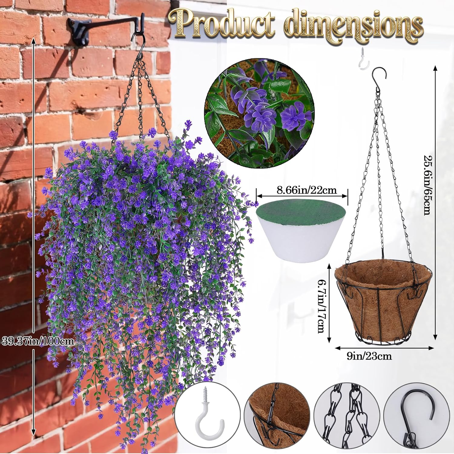 2 Set Artificial Flower Hanging Baskets For Outdoors, 20Pcs Fake Hanging Plants, Outdoor Faux Flowers Uv Resistant For Spring Summer Porch Patio Garden Home Decoration (Purple)