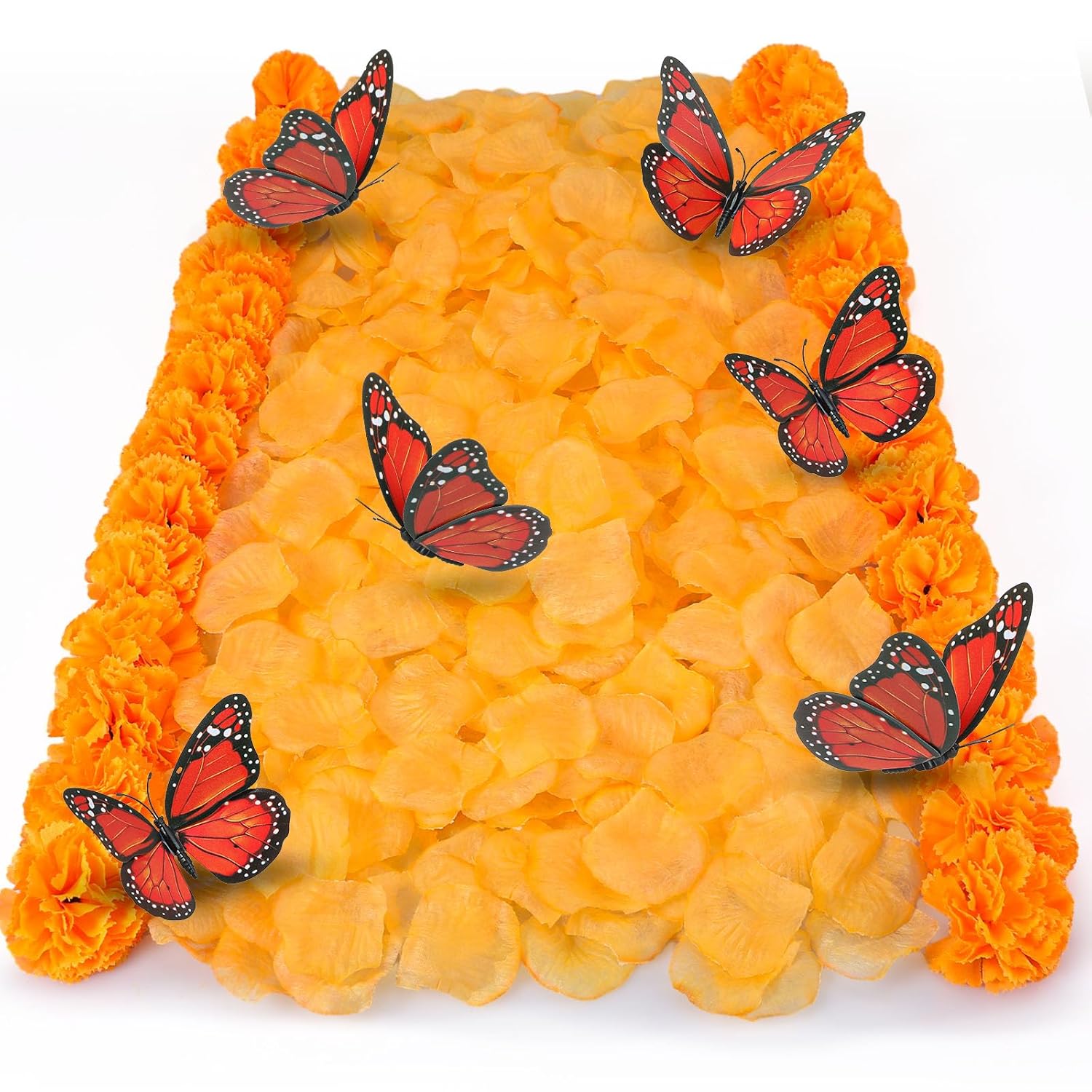 562 Pcs Dia De Los Muertos Decor 50 Marigold Flowers Heads 12 Artificial Butterfly Decorations And 500 Orange Artificial Flower Petals Halloween Day Of The Dead Decor Set For Home Fall Party