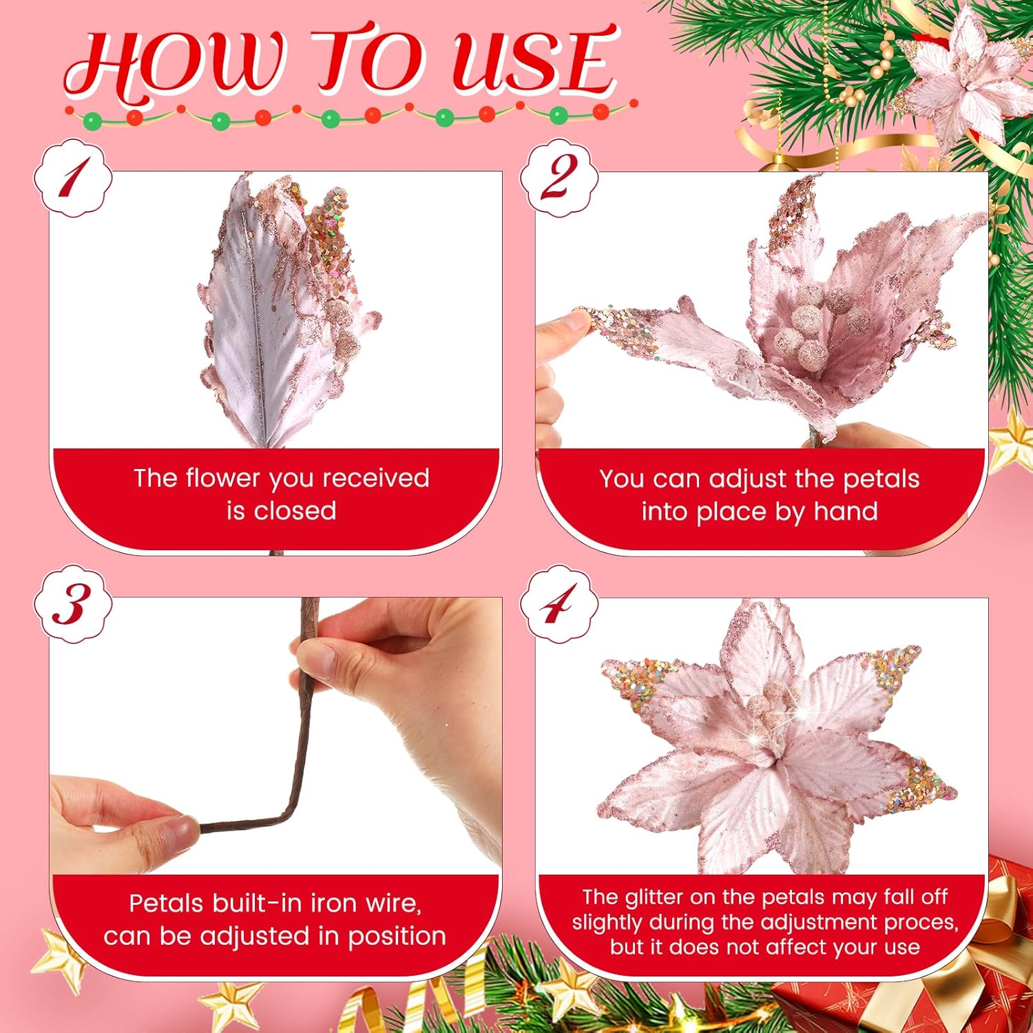 18 Pcs 3 Size Velvet Christmas Poinsettia Flowers Glitter Artificial Poinsettia Flowers With Stems Christmas Tree Ornaments For Xmas Tree Wreath Wedding New Year Holiday Decor(Pink)