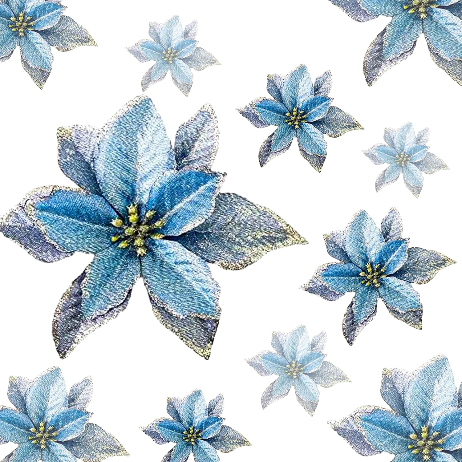 Christmas Glitter Poinsettia Christmas Tree Ornaments Pack Of 12 (Blue)