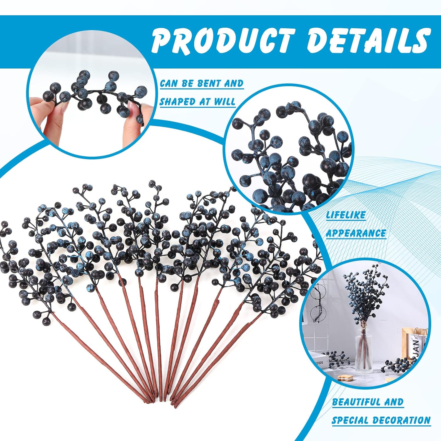 40 Pcs 11.81 Inch Artificial Berry Picks With Stems Fake Faux Berry Picks Ornaments For Diy Craft Home Anniversary Wedding Holiday Party Decor(Blue)