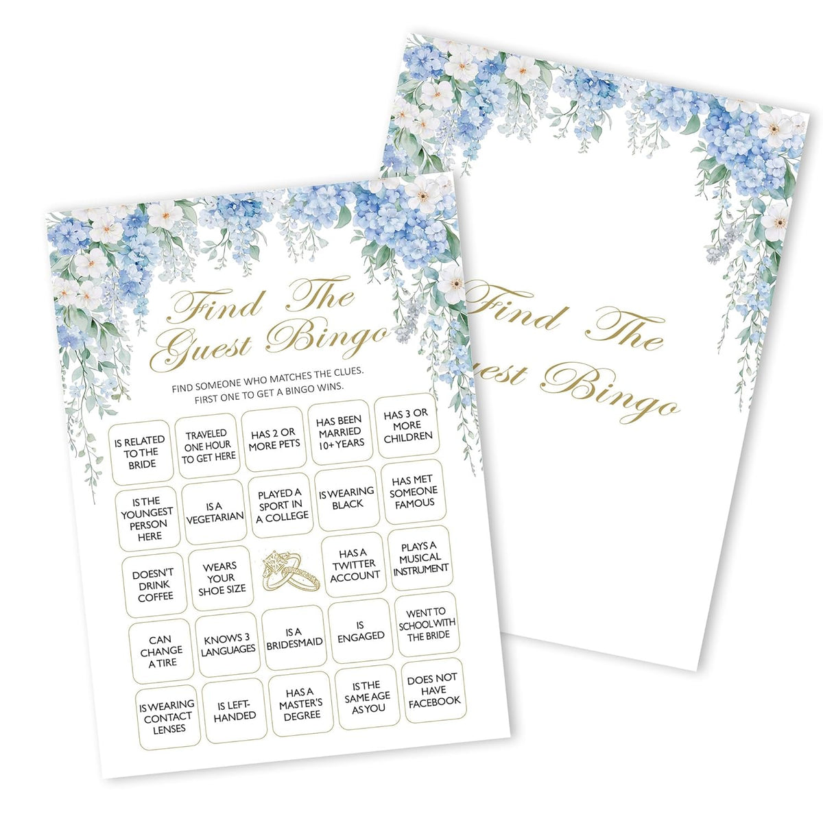 Bridal Shower Games, Blue Hydrangea Wildflowers Wedding Party Decorations Supplies, Find The Guest Game Cards For Spring Bachelorette Engagement Wedding Party, Minimalist, 02