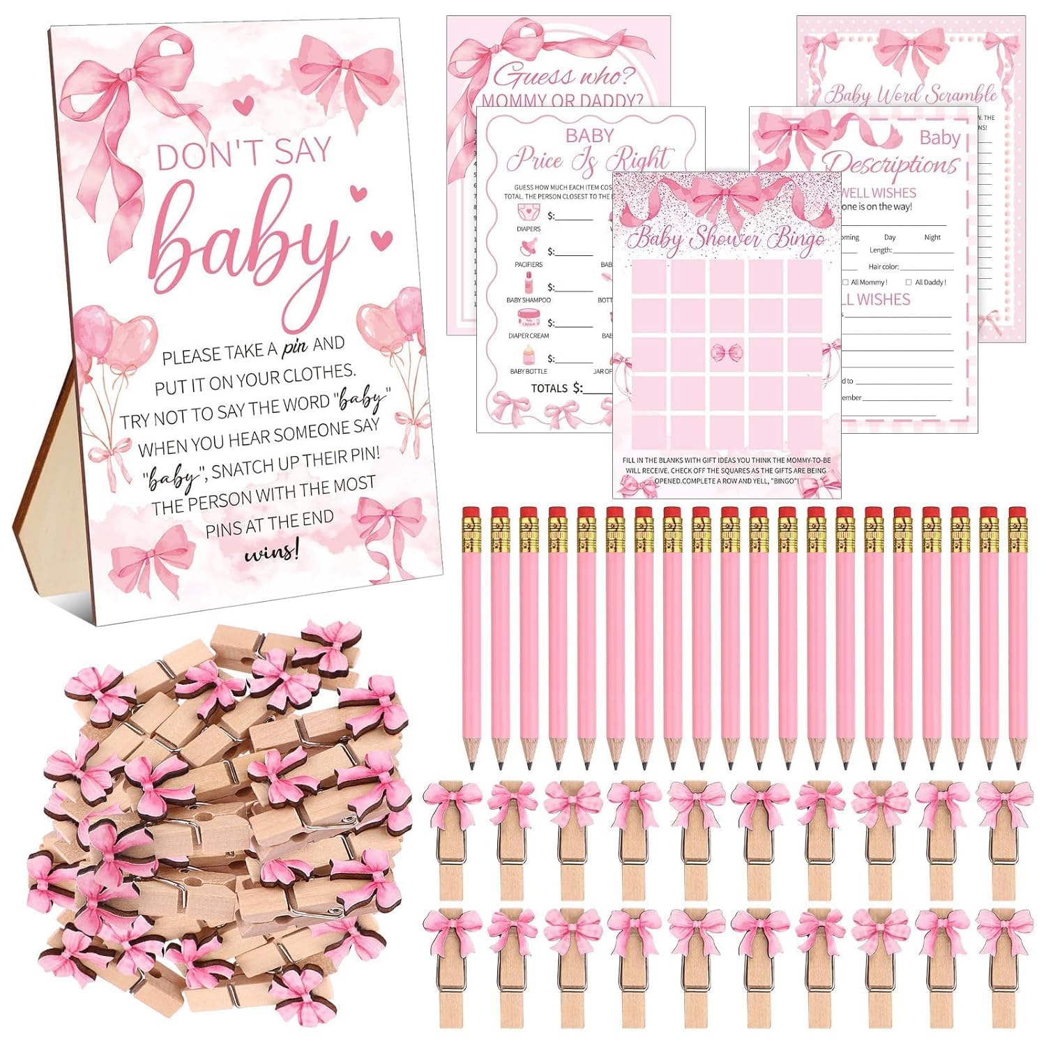 321 Pcs Pink Bow Baby Shower Games Party Bulk For Guests- 1 Don'T Say Baby Wooden Sign,50 Pink Bow Clothes Pin,250 Bingo Games Cards,20 Pencils,Guess Who Mommy Or Daddy Price Is Right Birthday
