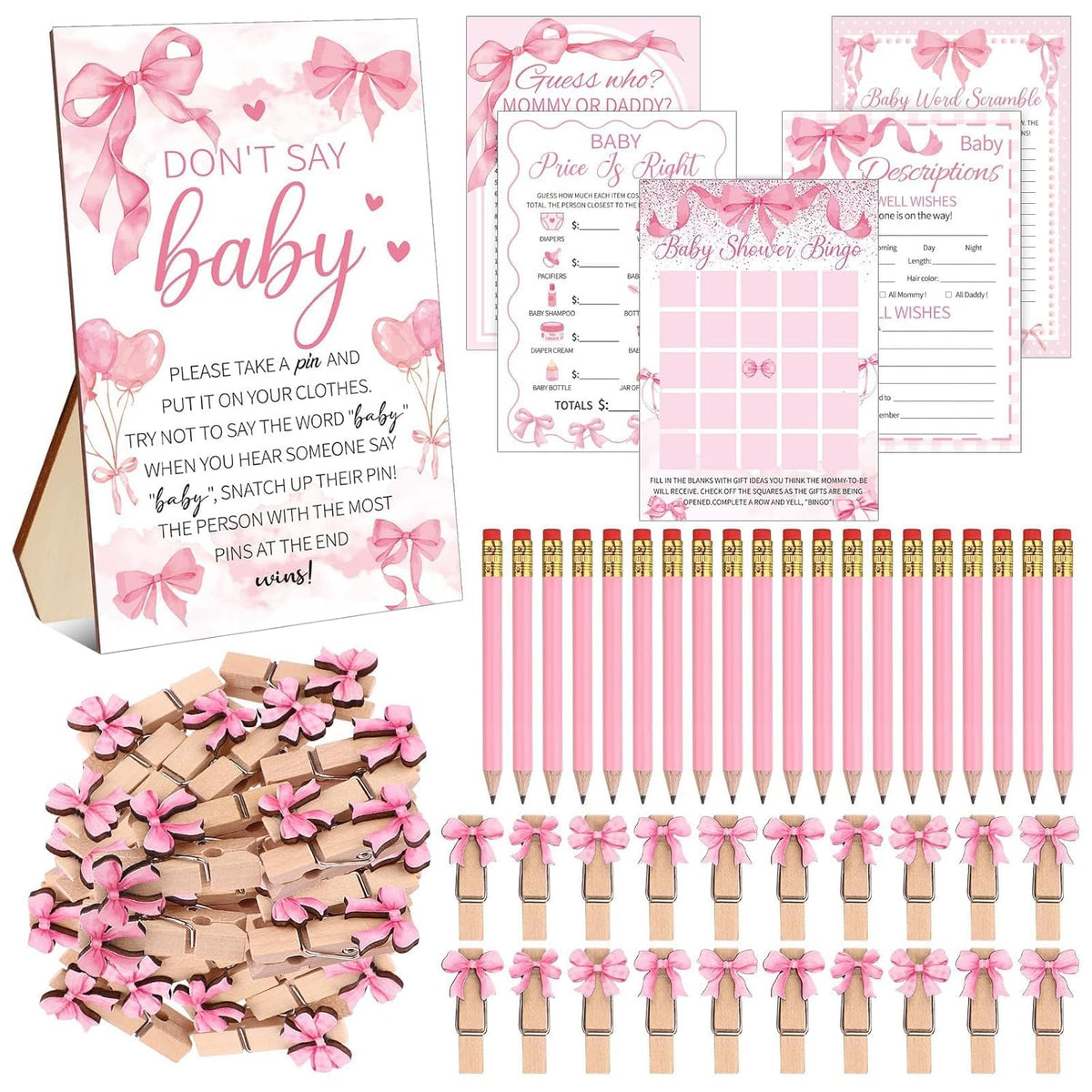 321 Pcs Pink Bow Baby Shower Games Party Bulk For Guests- 1 Don'T Say Baby Wooden Sign,50 Pink Bow Clothes Pin,250 Bingo Games Cards,20 Pencils,Guess Who Mommy Or Daddy Price Is Right Birthday