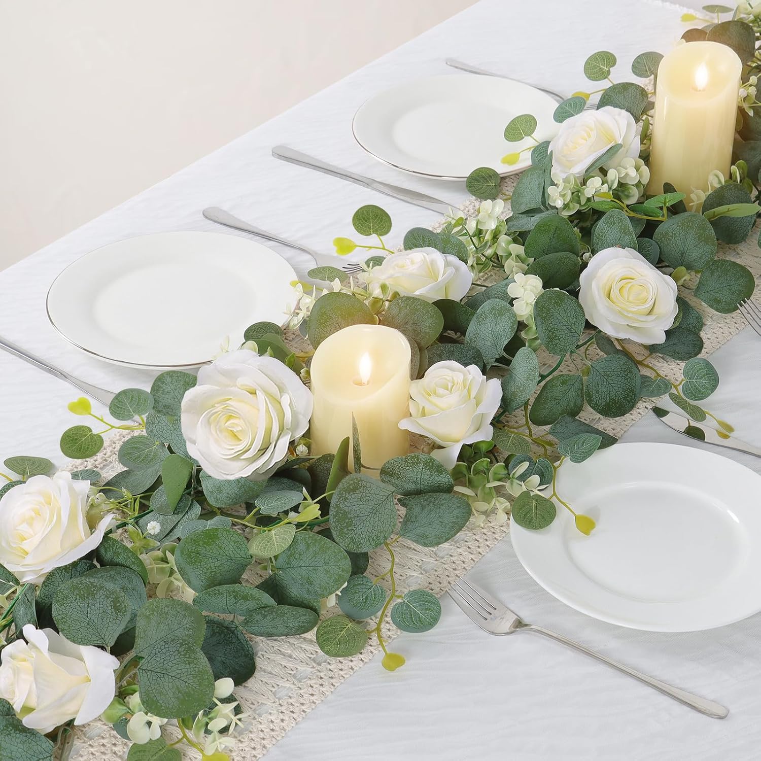 2Pcs(13 Ft) Artificial Eucalyptus Flower Garland With White Rose Flowers,Faux Rose Vine Gypsophila Greenery For Home Party Wedding Table Decor (White, 2Pcs)