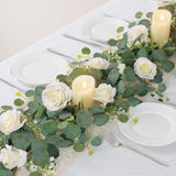 2Pcs(13 Ft) Artificial Eucalyptus Flower Garland With White Rose Flowers,Faux Rose Vine Gypsophila Greenery For Home Party Wedding Table Decor (White, 2Pcs)