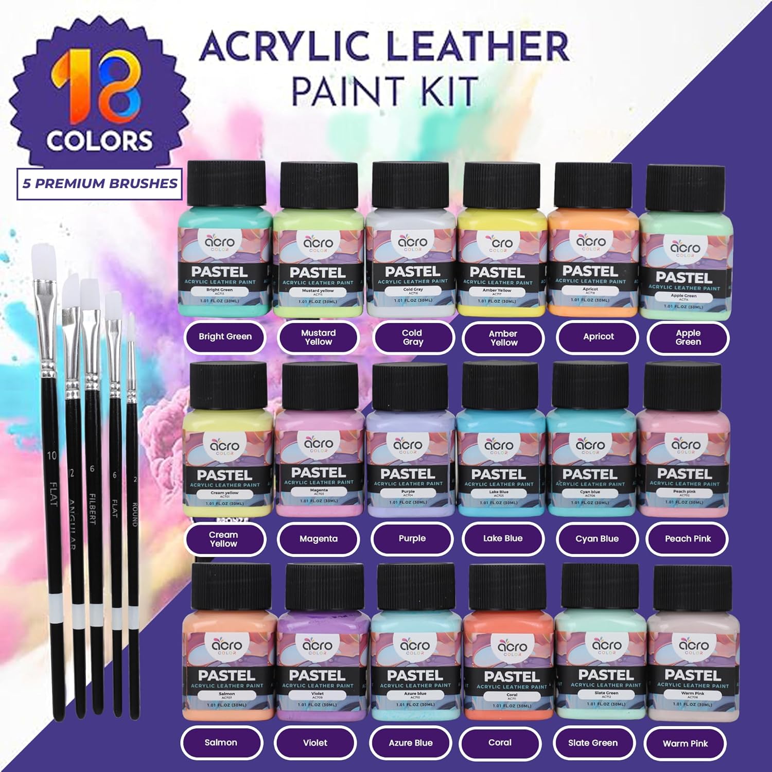 Acrylic Leather Paint For Shoes - 18 Color Leather Paint Kit With 5 Paint Brushes (Deglazer & Finisher Not Included) - Great Repair Finisher For Shoes,Sneakers, Wallets, Jackets (Pastel - 18 Colors)