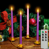 4-Piece Christmas Flameless Candle Set With Gold Metal Advent Remote Control Wreath Ring Candle Holder - Purple & Pink Taper Candles For Home Table Decorations