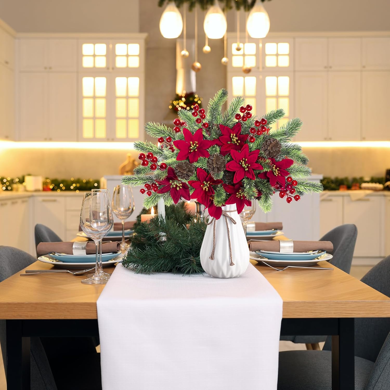 6Pcs Christmas Flowers Artificial Pine Branches Poinsettia Floral Picks 14’’ Red Berry Stems With Pinecones For Home Porch Garden Indoor Outdoor Holiday Xmas Decorations