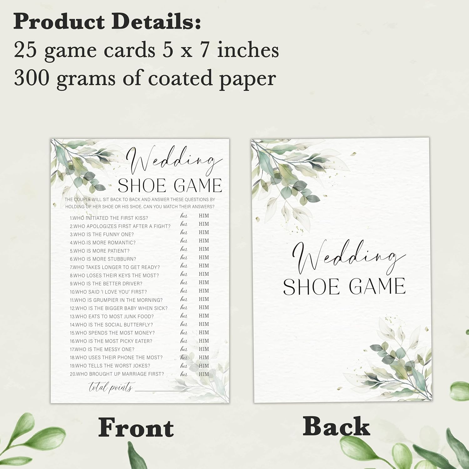 Bridal Shower Game Cards, Greenery Wedding Shoe Game, 30 Elegant Wedding Activity For Bachelorette Engagement Party Favors & Decorations- B01
