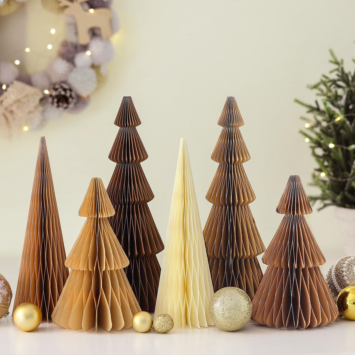 6 Pcs Brown Honeycomb Paper Christmas Trees Centerpiece