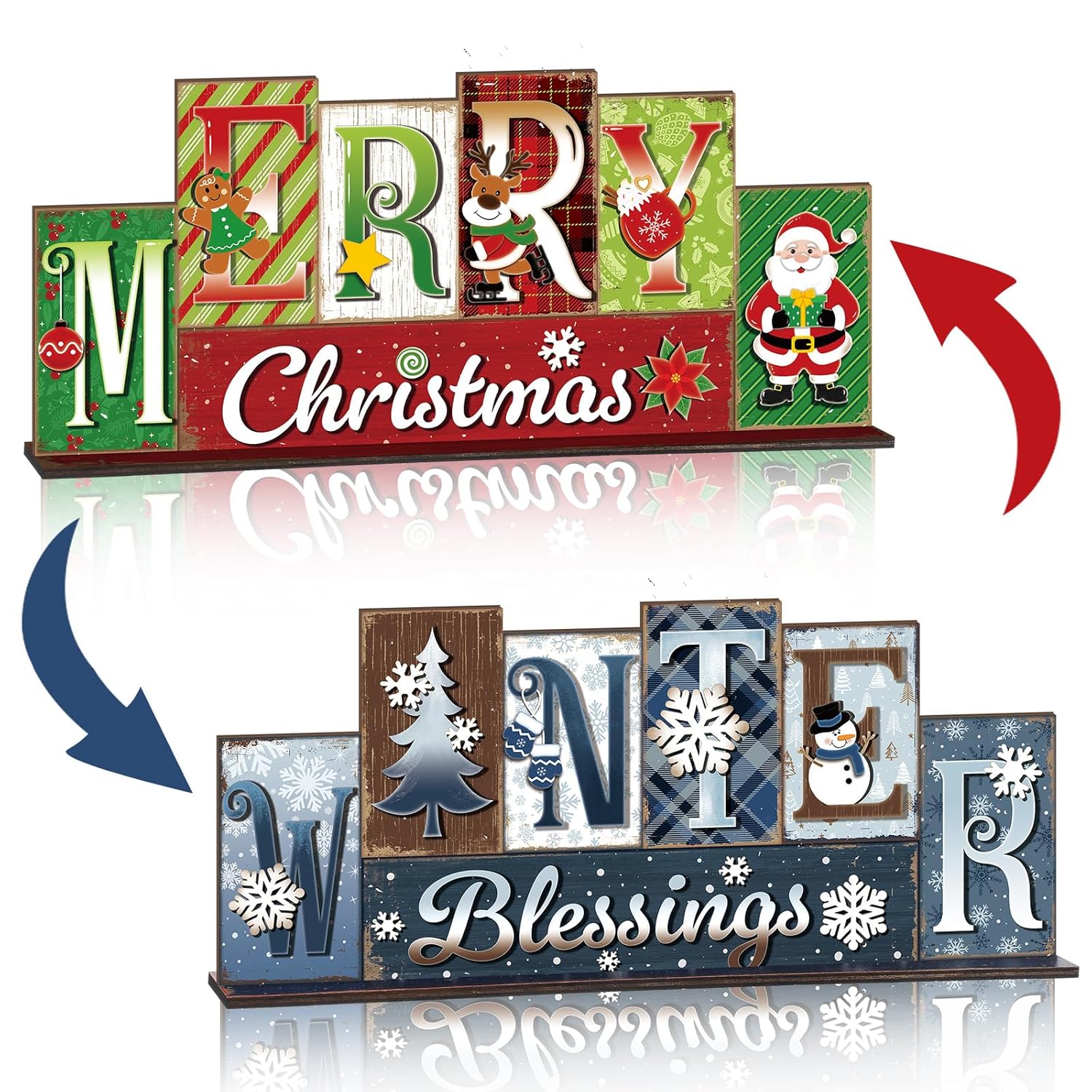 Christmas Table Decoration Merry Winter Tiered Tray Decor Reversible Centerpiece Decorative Santa Claus Gingerbread Man Block Signs Farmhouse Christmas Decoration For Kitchen Shelf