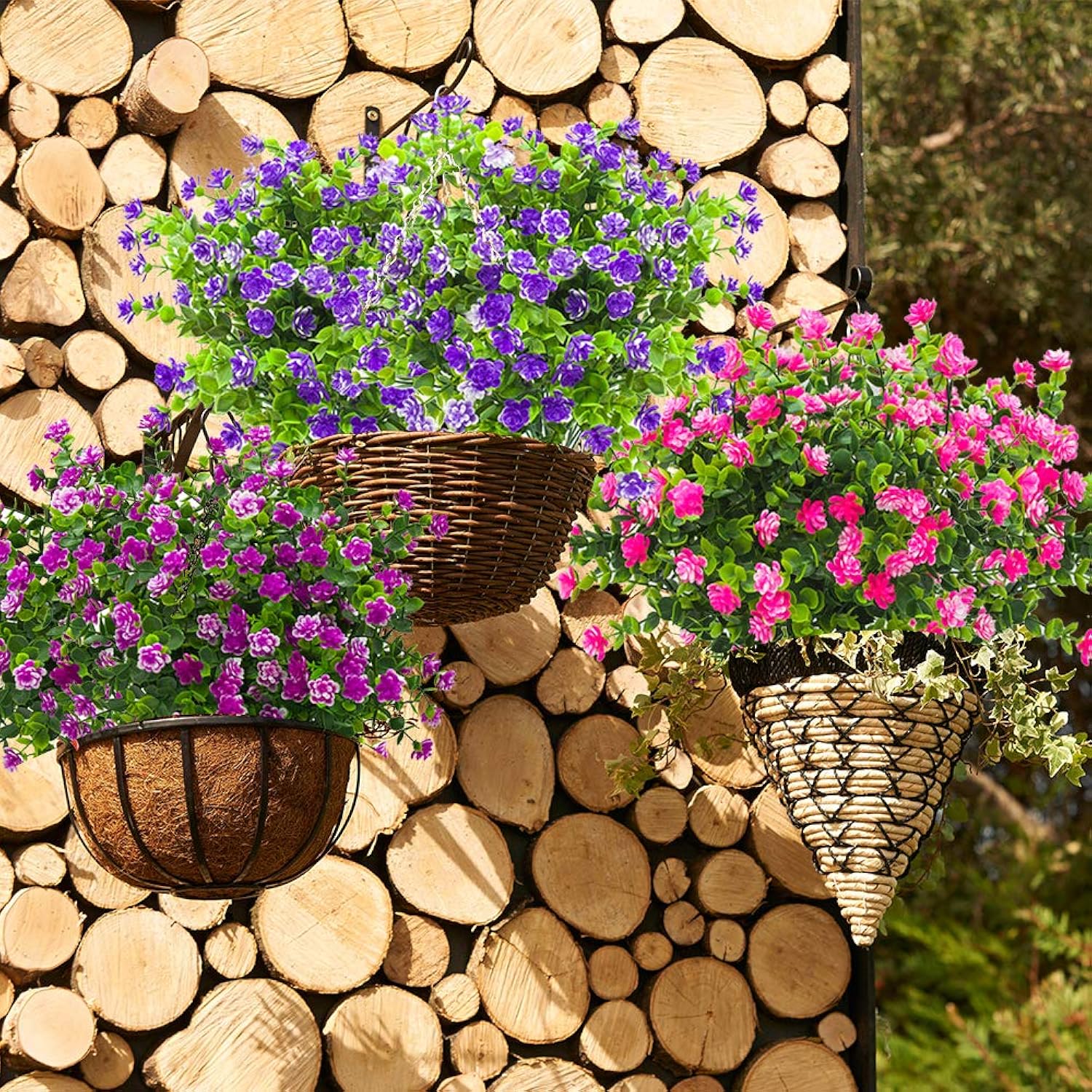 Artificial Flowers, Fake Outdoor Uv Resistant Plants Faux Plastic Greenery Shrubs Indoor Outside Hanging Planter Home Kitchen Office Wedding, Garden Decor (Pink)